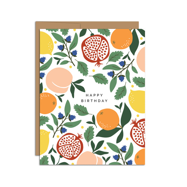 Single folded A2 greeting card with an envelope with an illustration of peaches, oranges, pomegranates, blueberries, and lemons. The middle of the card states "Happy Birthday".
