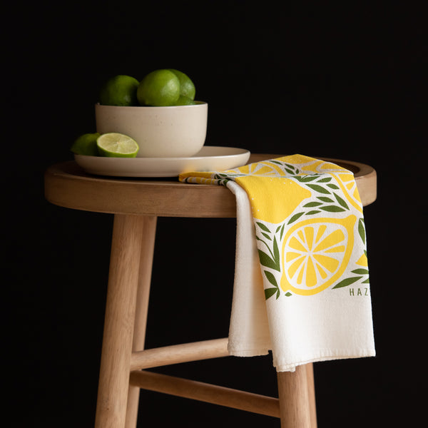 Kitchen Towels, Hand Printed Towels, Yellow Lemons, Bright, Cotton