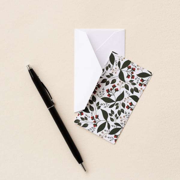 Set of 10 flat mini note cards with envelopes and an illustrated pattern of red berries and green leaves.