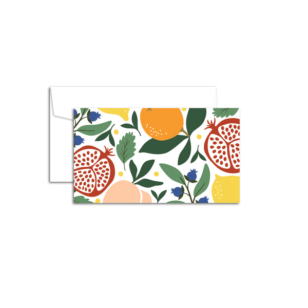 Set of 10 flat mini note cards with envelopes and an illustrated pattern of mixed fruits such as oranges, blueberries, pomegranates, lemons, and peaches.