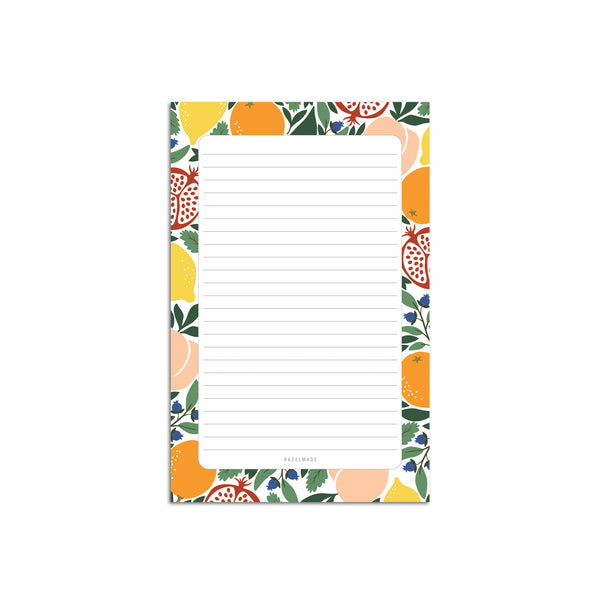 A single 5.5” by 8.5” large notepad with 50 tear-off sheets and an illustration of mixed fruits bordering the notepad.