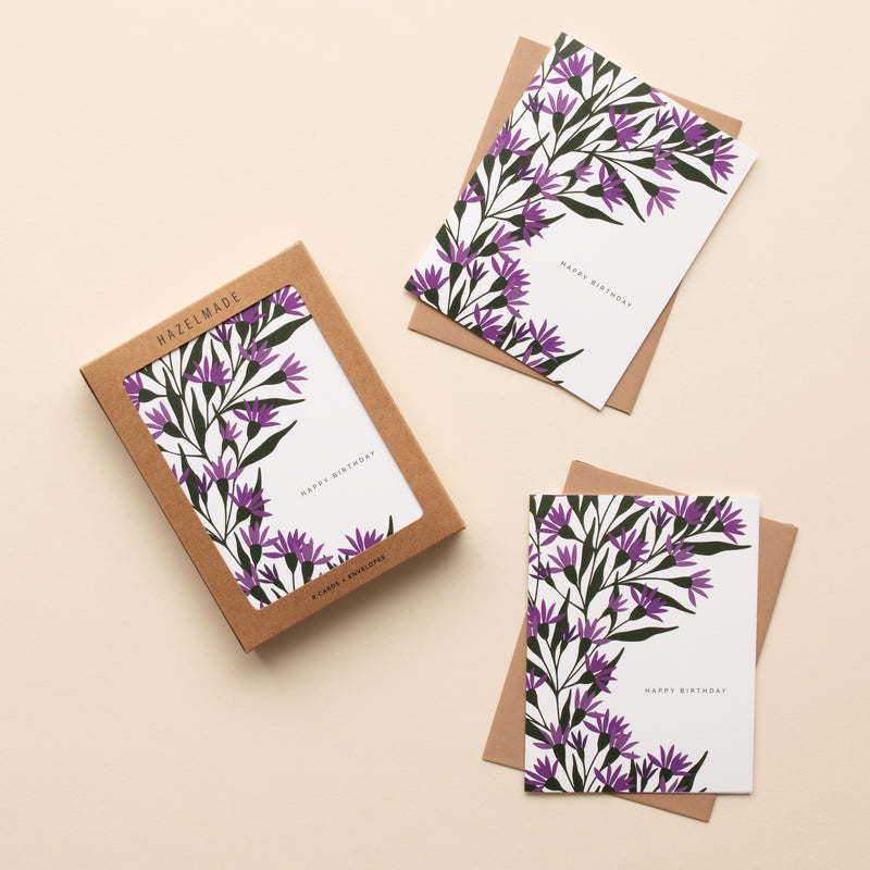 BOX SET OF 8 - "Happy Birthday" Tall Ironweed Greeting Cards