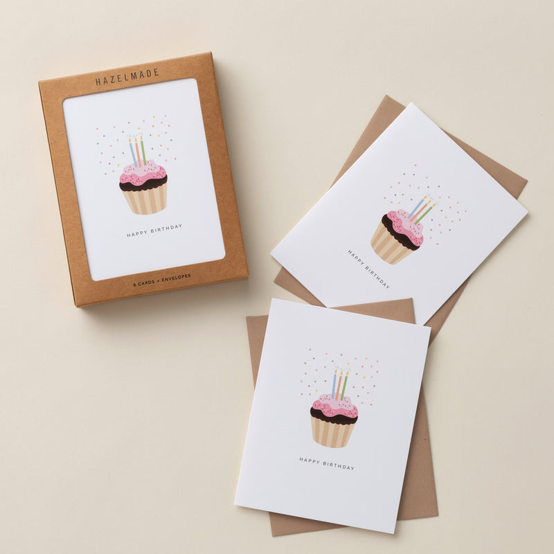 BOX SET OF 8 - "Happy Birthday" Cupcake Greeting Cards