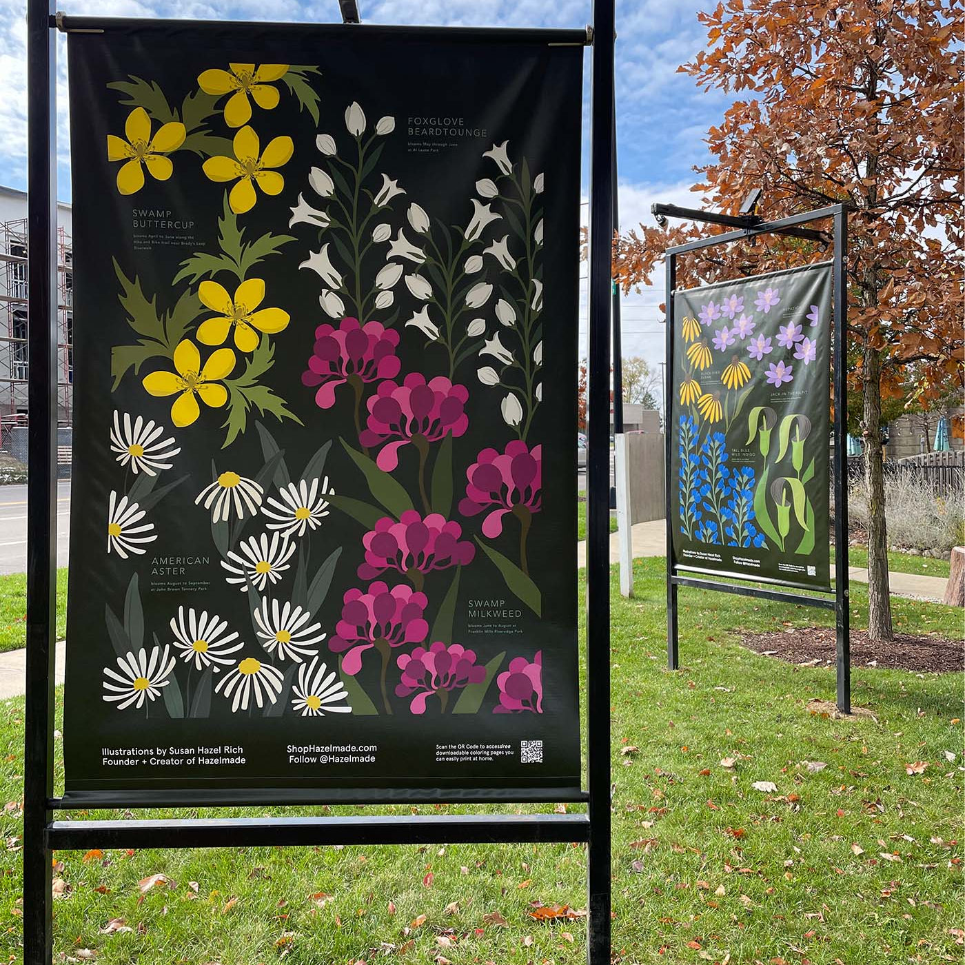 Custom illustrated public art banners created by Hazelmade for the City of Kent and Main Street Kent