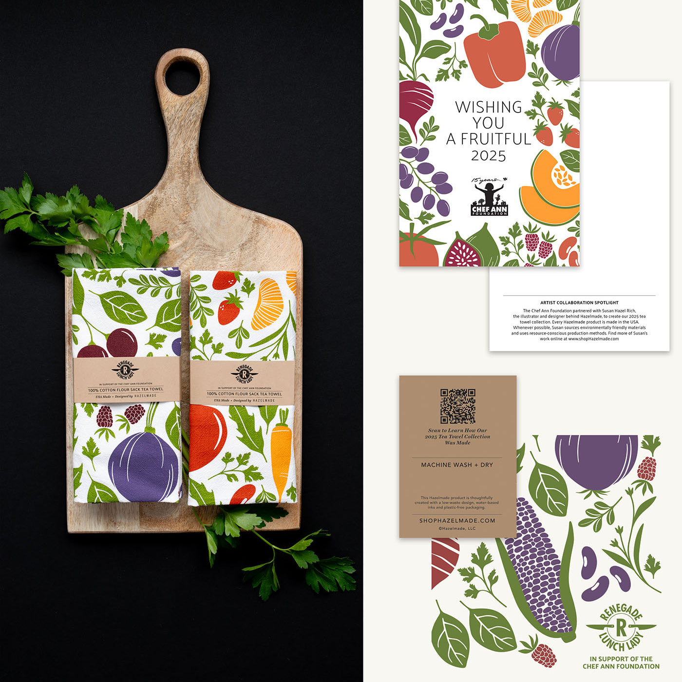 Custom tea towel collection, insert card, and packaging materials created by Hazelmade for The Chef Ann Foundation