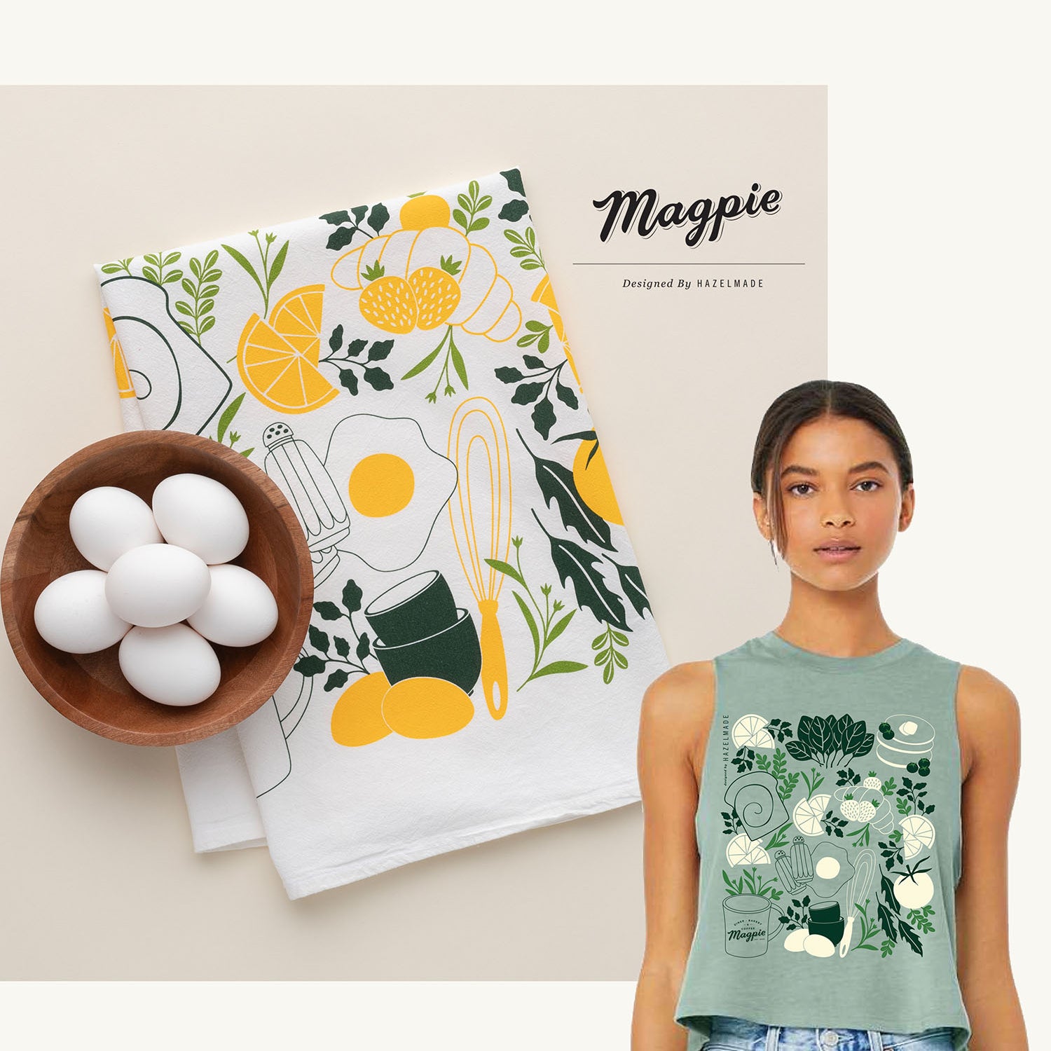Custom tea towel and apparel illustration created by Hazelmade for Magpie Diner
