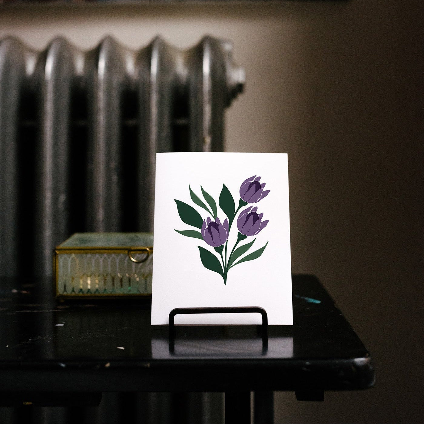 Botanical boxed greeting cards featuring a purple tulip illustration