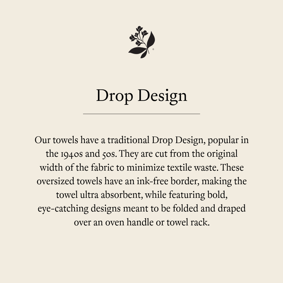 Product information card describing Hazelmade's Drop Design tea towel construction