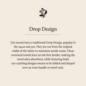 Product information card describing Hazelmade's Drop Design tea towel construction