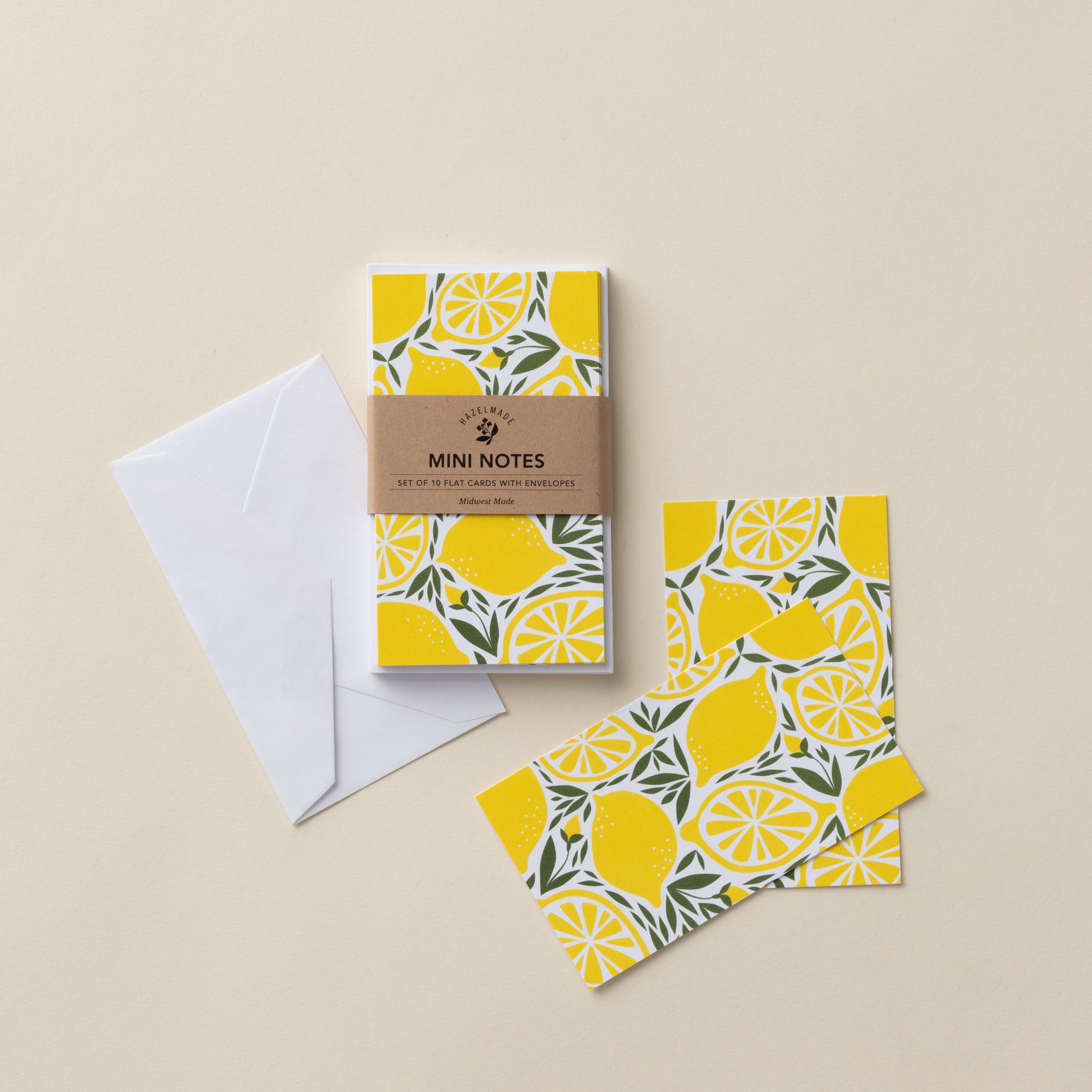 Lemons Mini Note Cards set with white envelope and wrap band shown on a neutral background