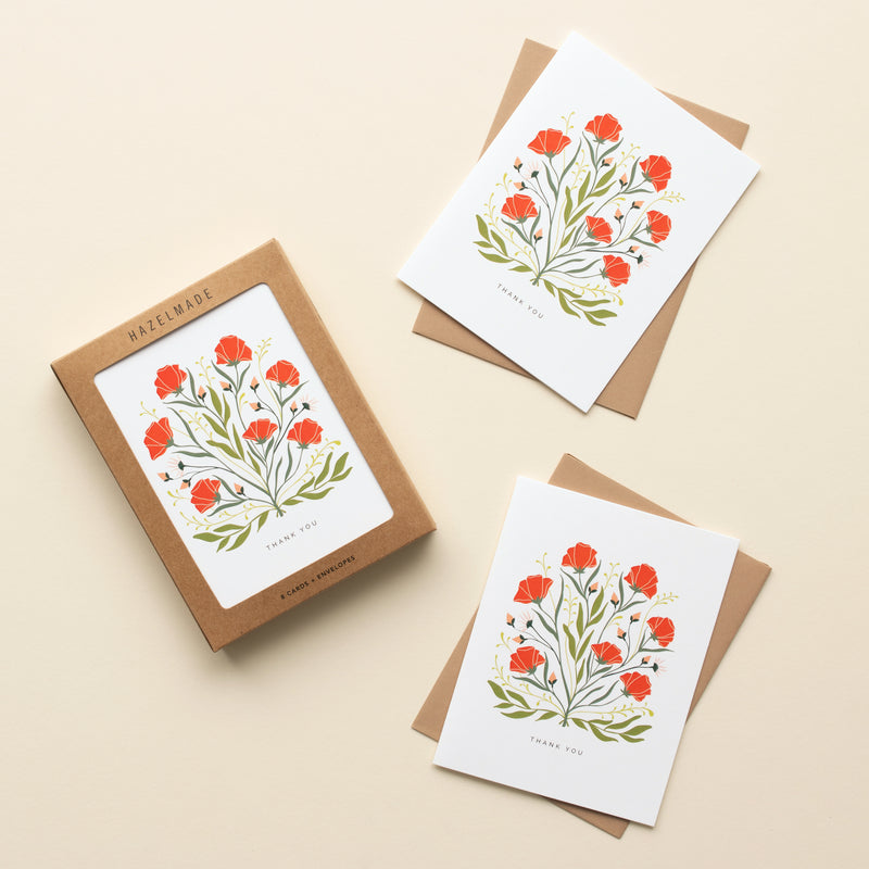 BOX SET OF 8 - "Thank You" Poppies + Wildflowers Greeting Cards