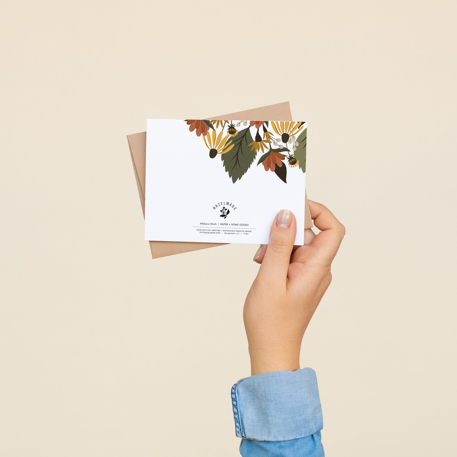 Back of the Fall Florals Thank You greeting card and envelope held in hand
