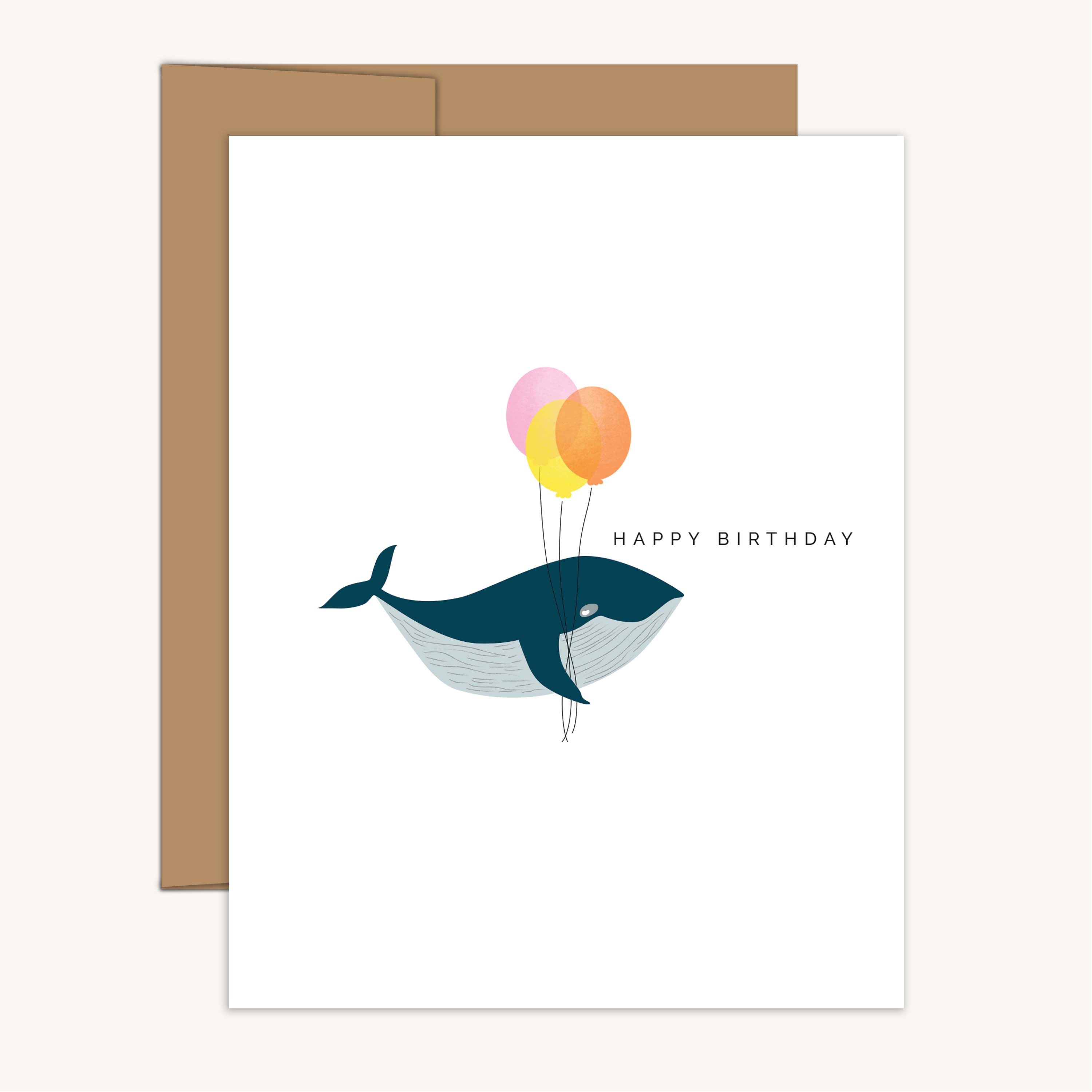 Happy Birthday Whale with Balloons Greeting Card with kraft envelope featuring a hand-illustrated whale and balloons design