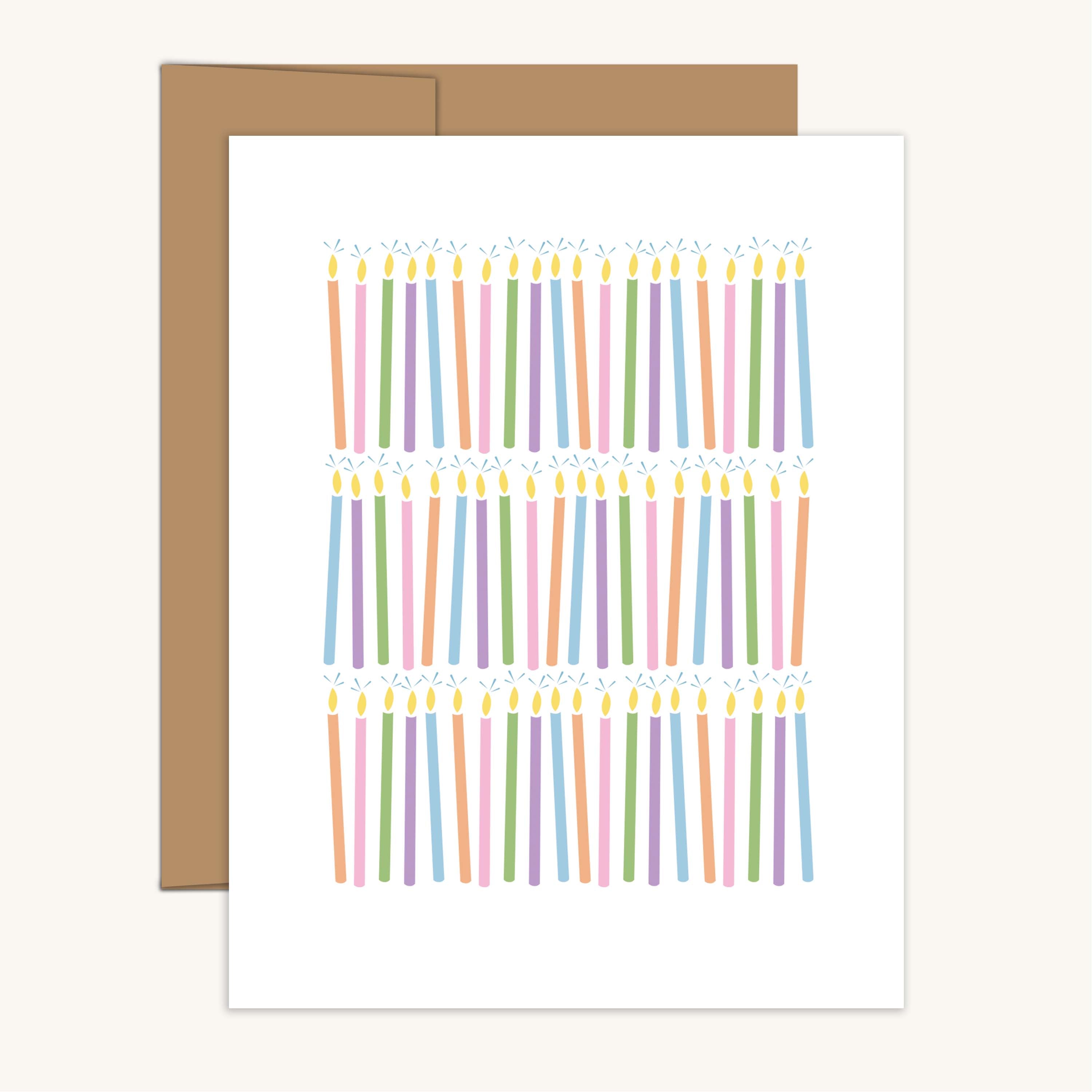 Birthday Candles Greeting Card with kraft envelope featuring a hand-illustrated birthday candle design