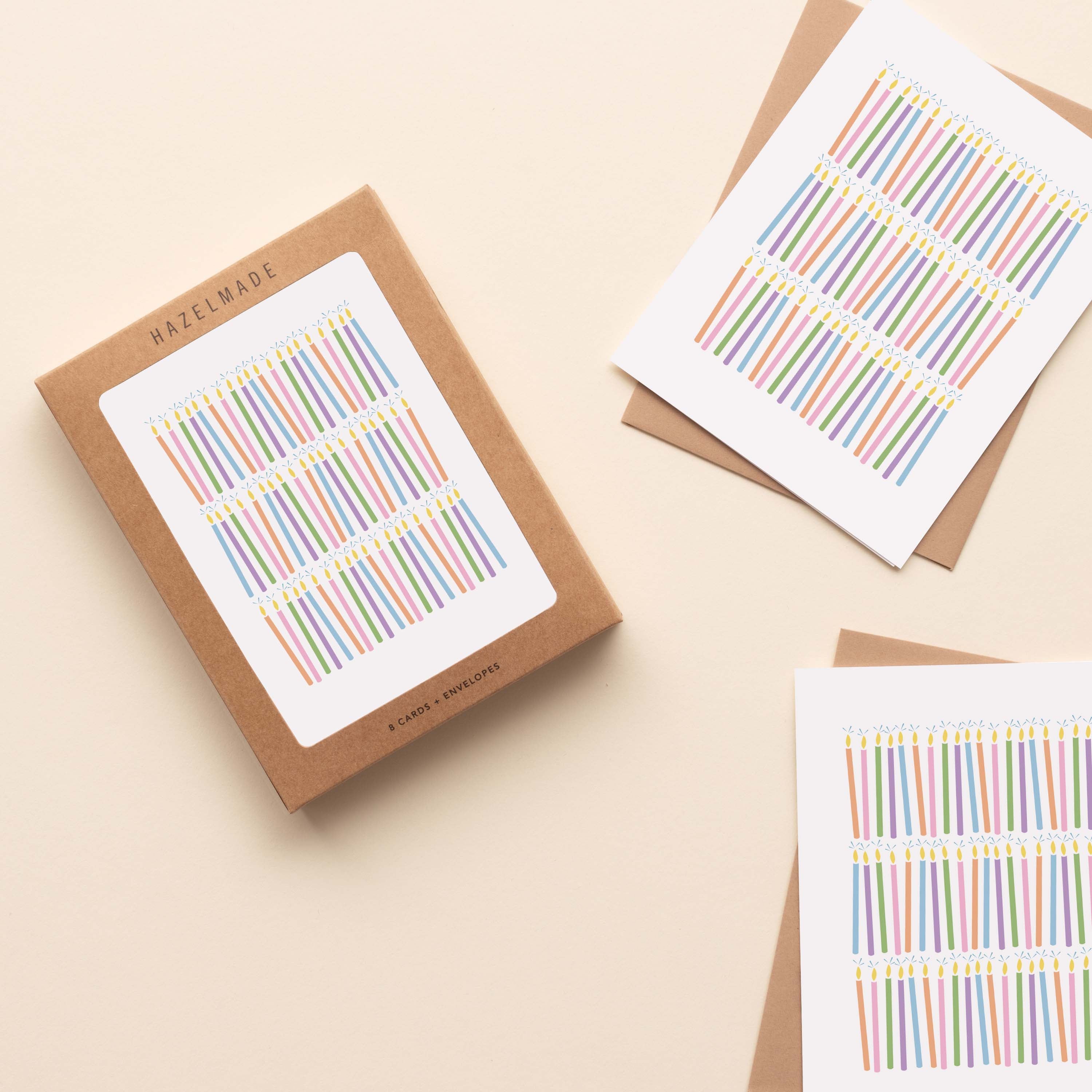 Boxed set of Birthday Candles Greeting Cards with two cards and envelopes featuring a hand-illustrated birthday candle design