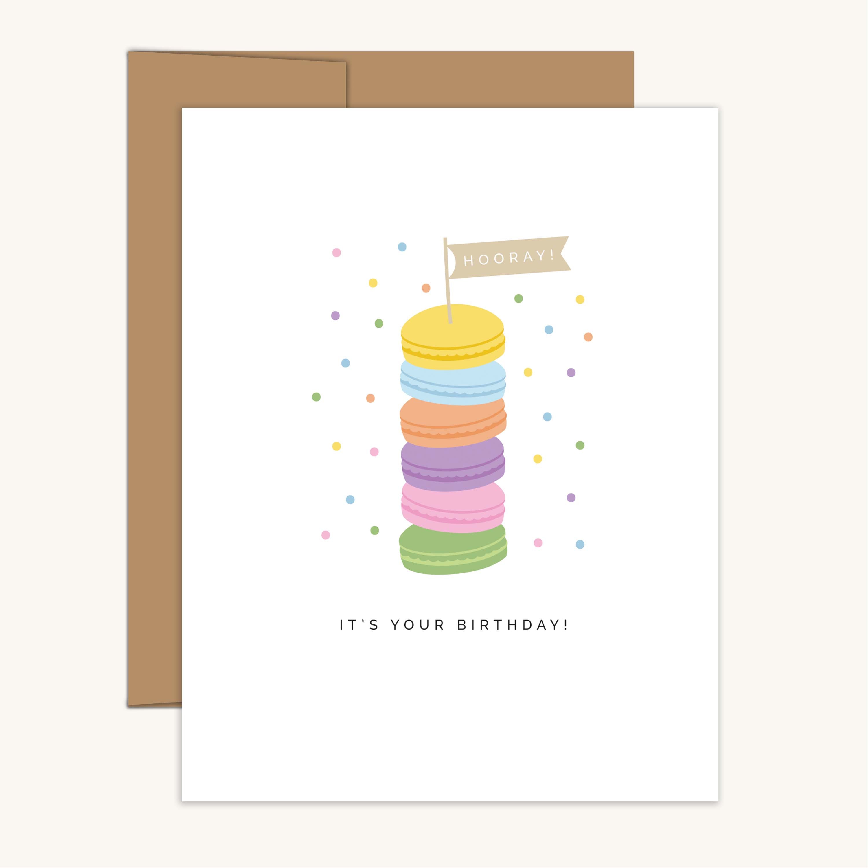 Hooray! It's Your Birthday! Macaron Stack Greeting Card with kraft envelope featuring a hand-illustrated colorful macaron stack design