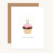 Happy Birthday Cupcake Greeting Card with kraft envelope featuring a hand-illustrated cupcake with candles design