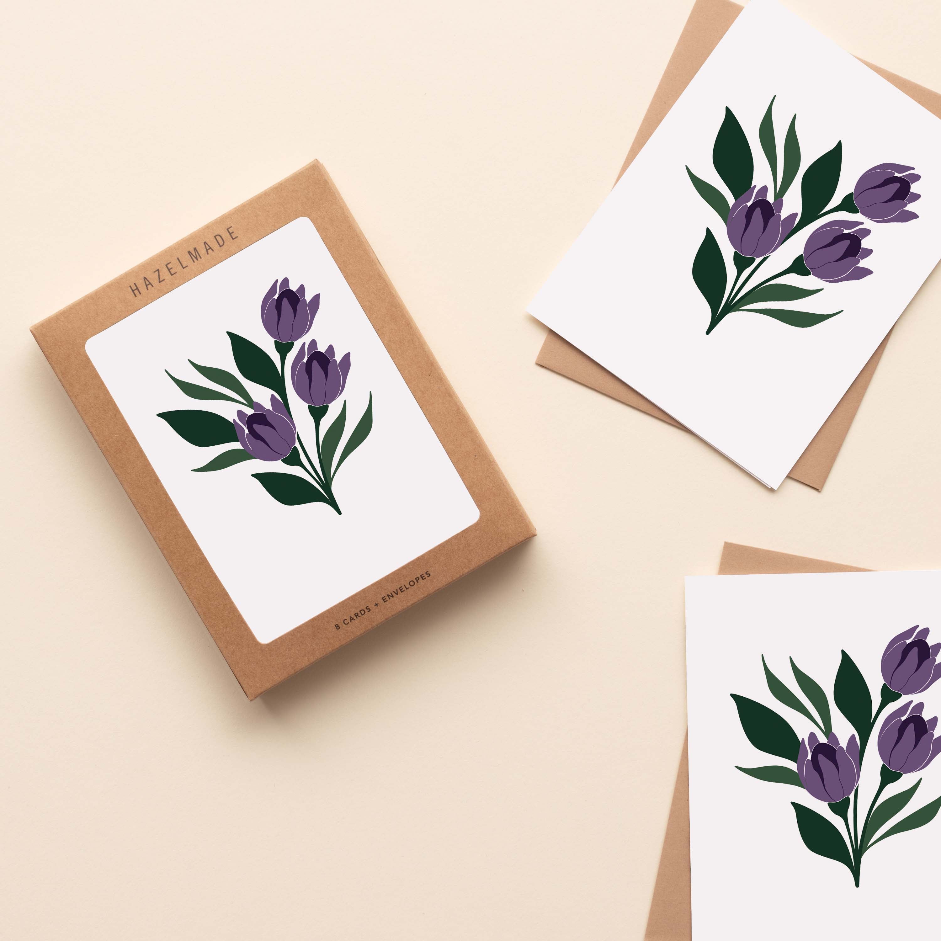 Boxed set of Tulips Greeting Cards with two cards and envelopes featuring a hand-illustrated purple tulip design