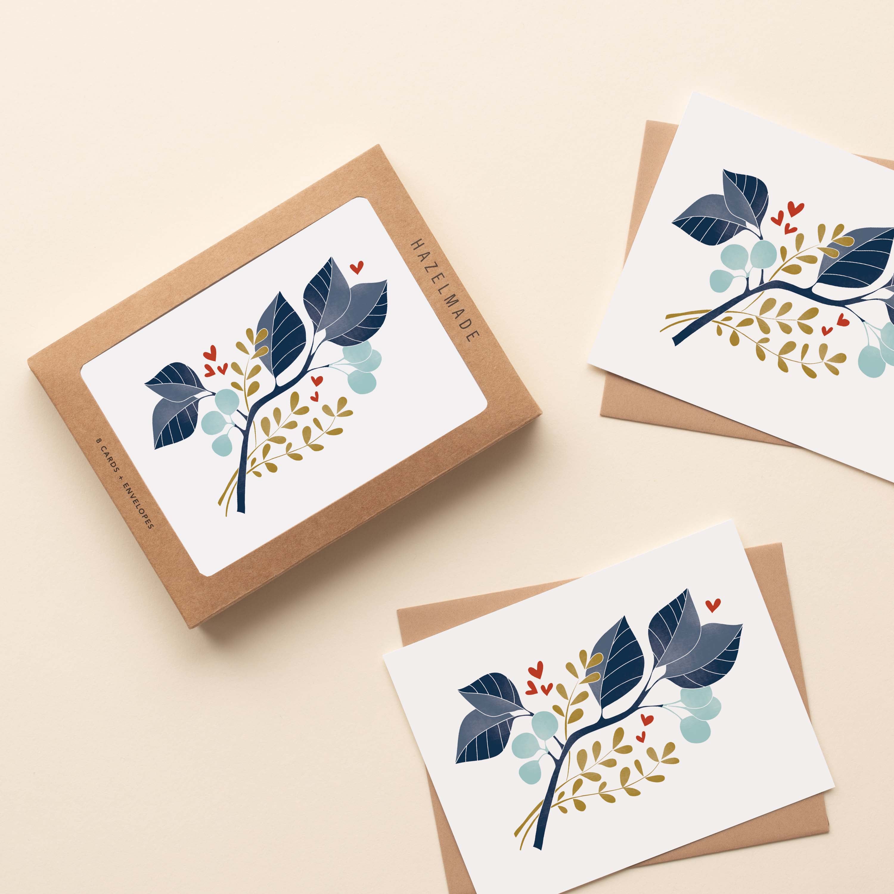 Boxed set of Magnolia Branch Greeting Cards with two cards and envelopes featuring a hand-illustrated magnolia branch design