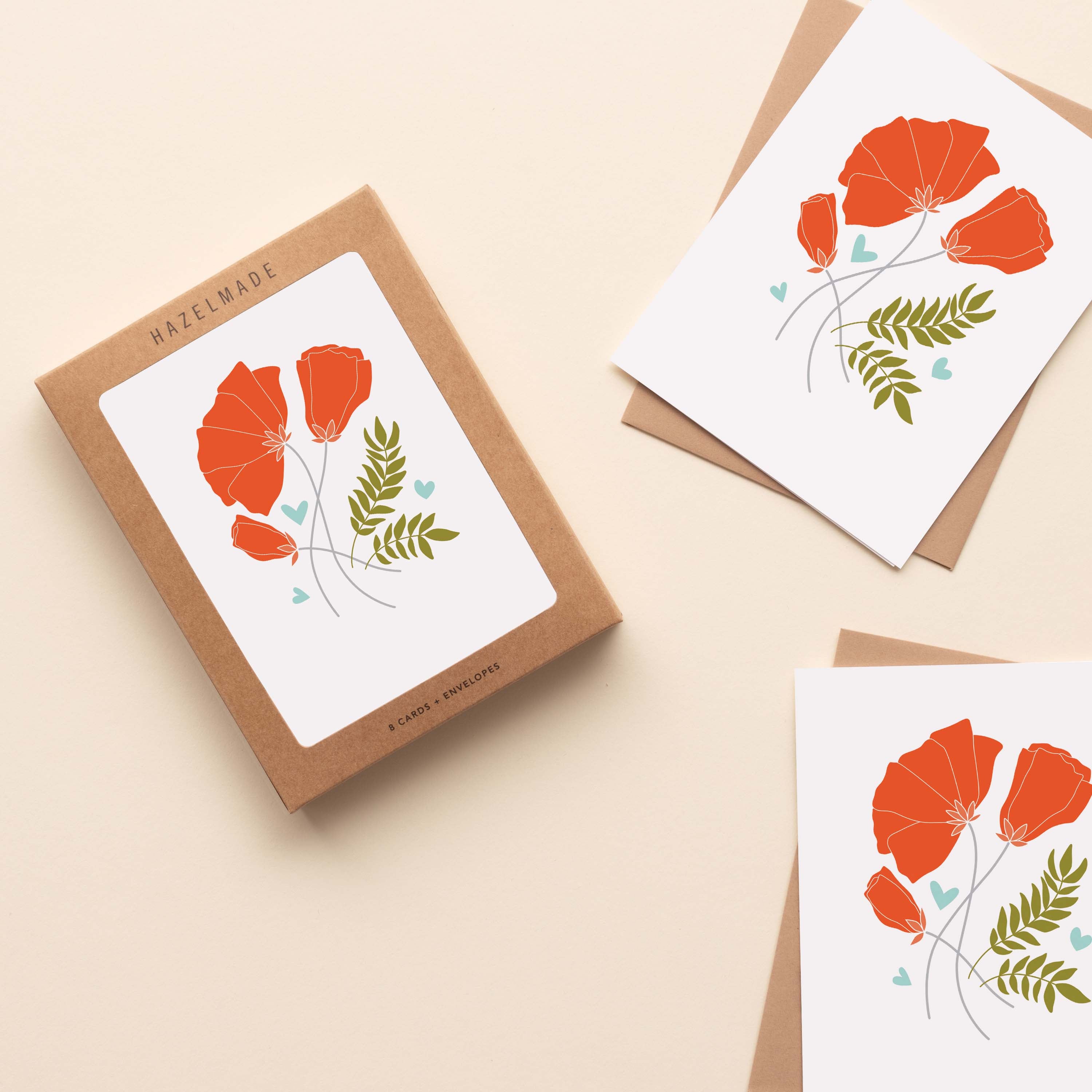 Boxed set of Poppies + Wheat Greeting Cards with two cards and envelopes featuring a hand-illustrated poppies and wheat design