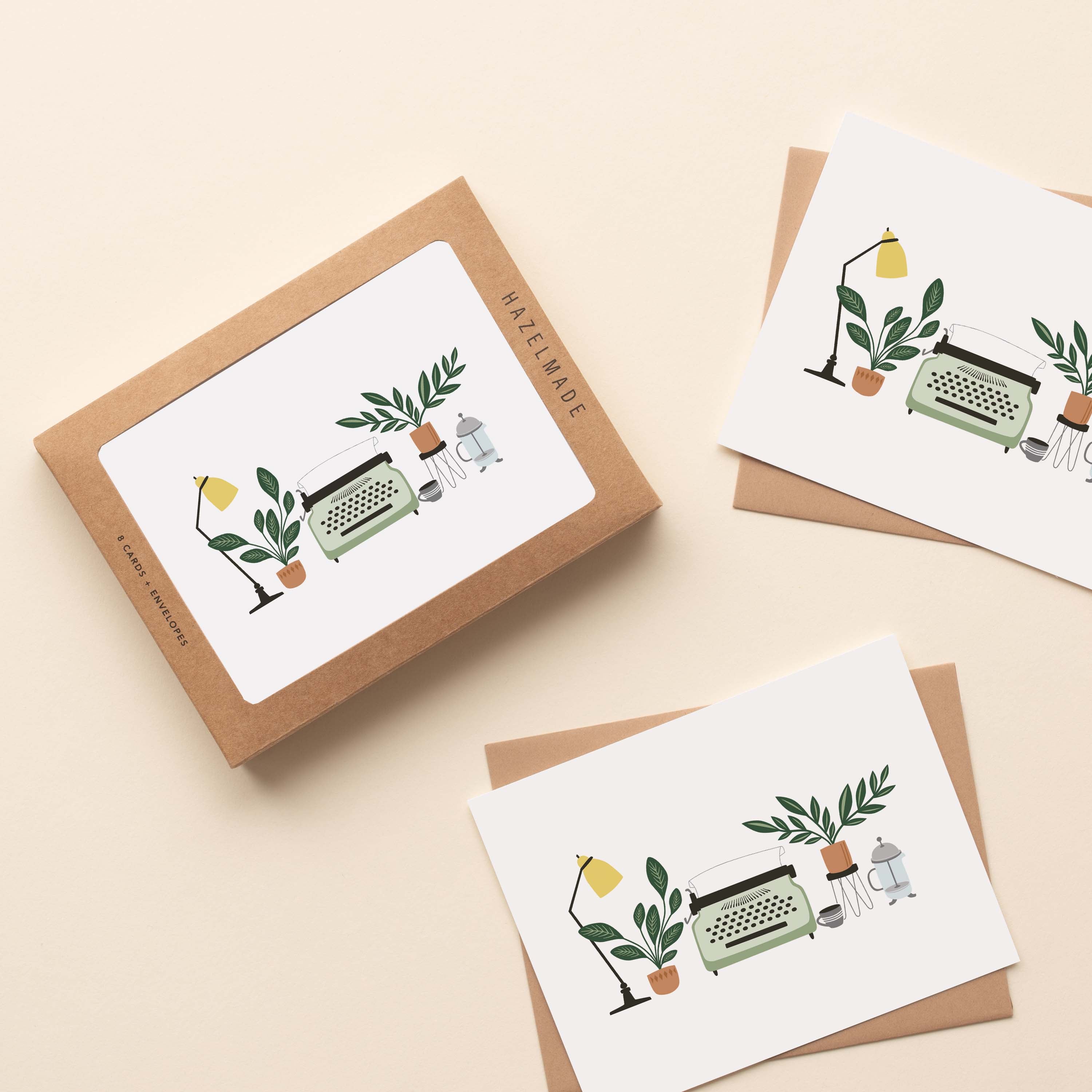 Boxed set of Typewriter & Desk Greeting Cards with two cards and envelopes featuring a hand-illustrated typewriter and desk scene