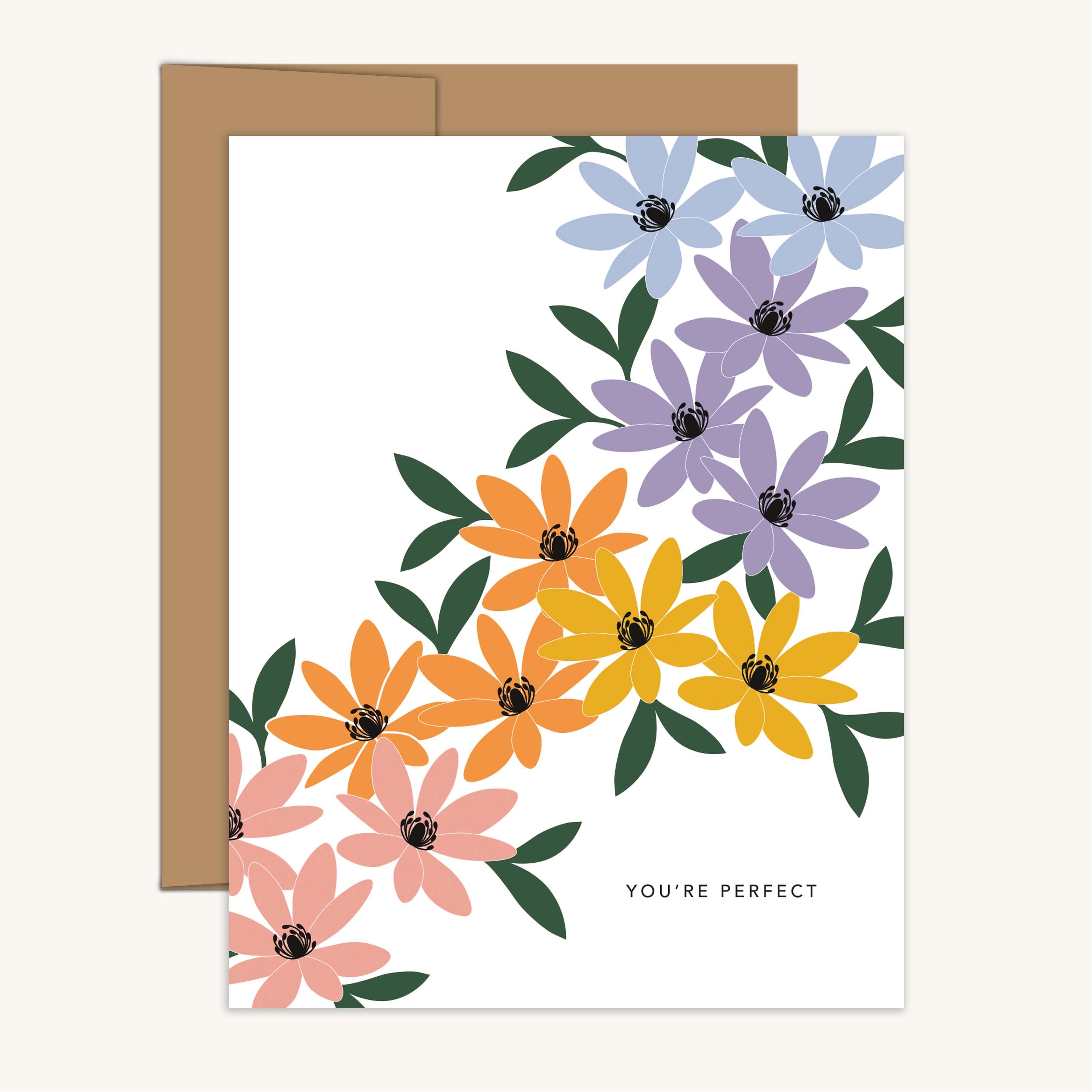 You're Perfect Rainbow Florals Greeting Card with kraft envelope featuring a hand-illustrated rainbow floral design