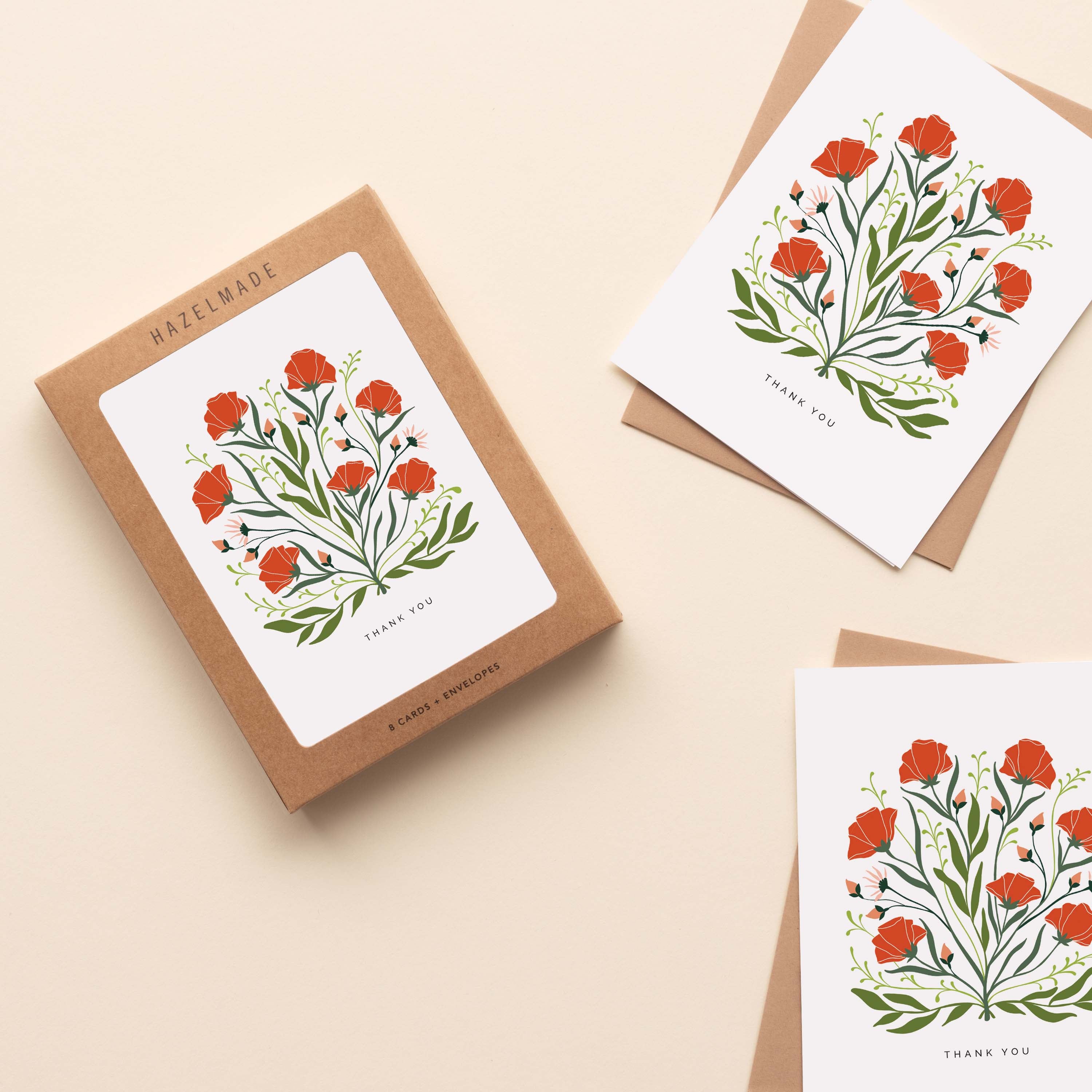 Boxed set of Poppies + Wildflowers Thank You Greeting Cards with two cards and envelopes featuring a hand-illustrated poppies and wildflowers design