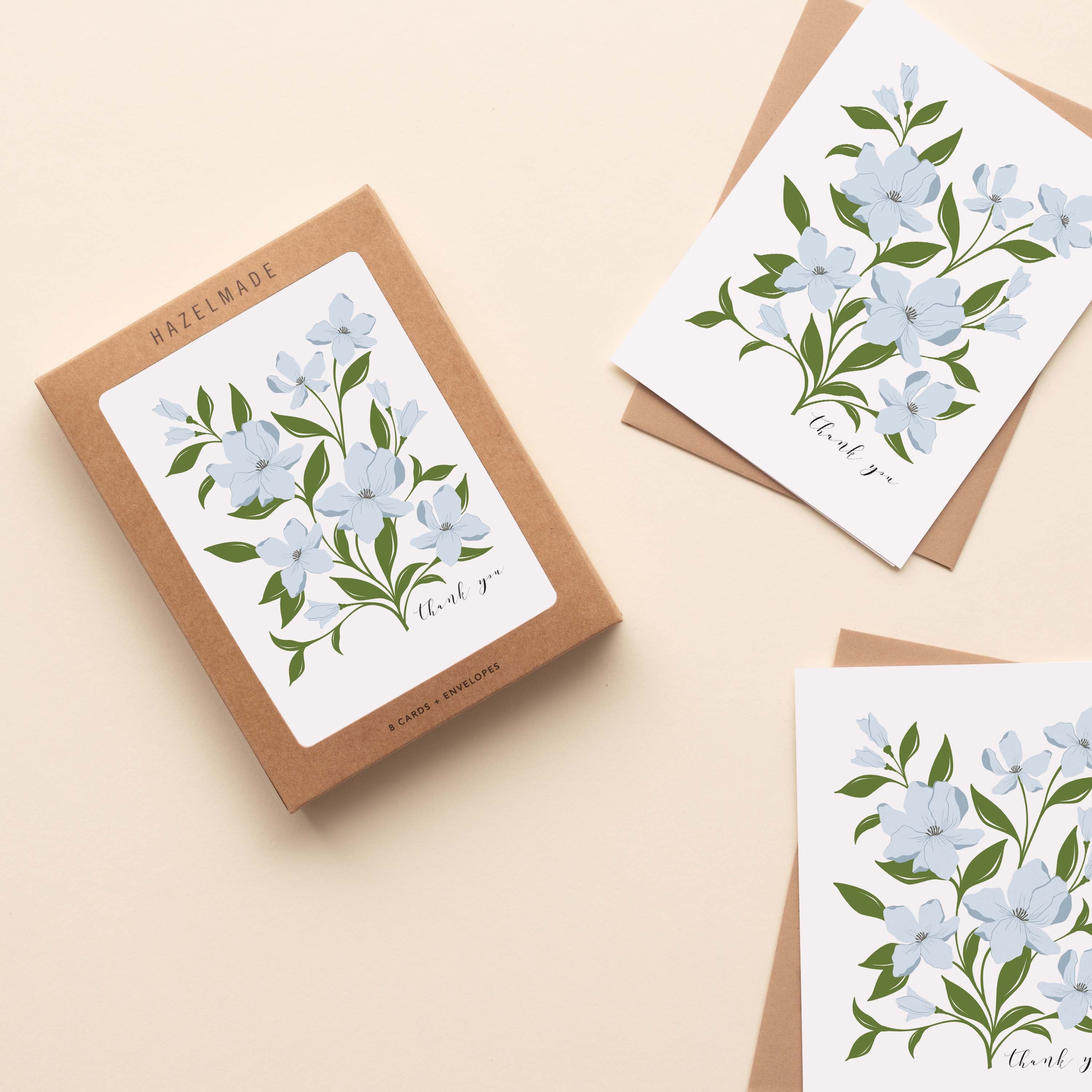 Boxed set of Dogwood Bouquet Thank You Greeting Cards with two cards and envelopes featuring a hand-illustrated dogwood flower design