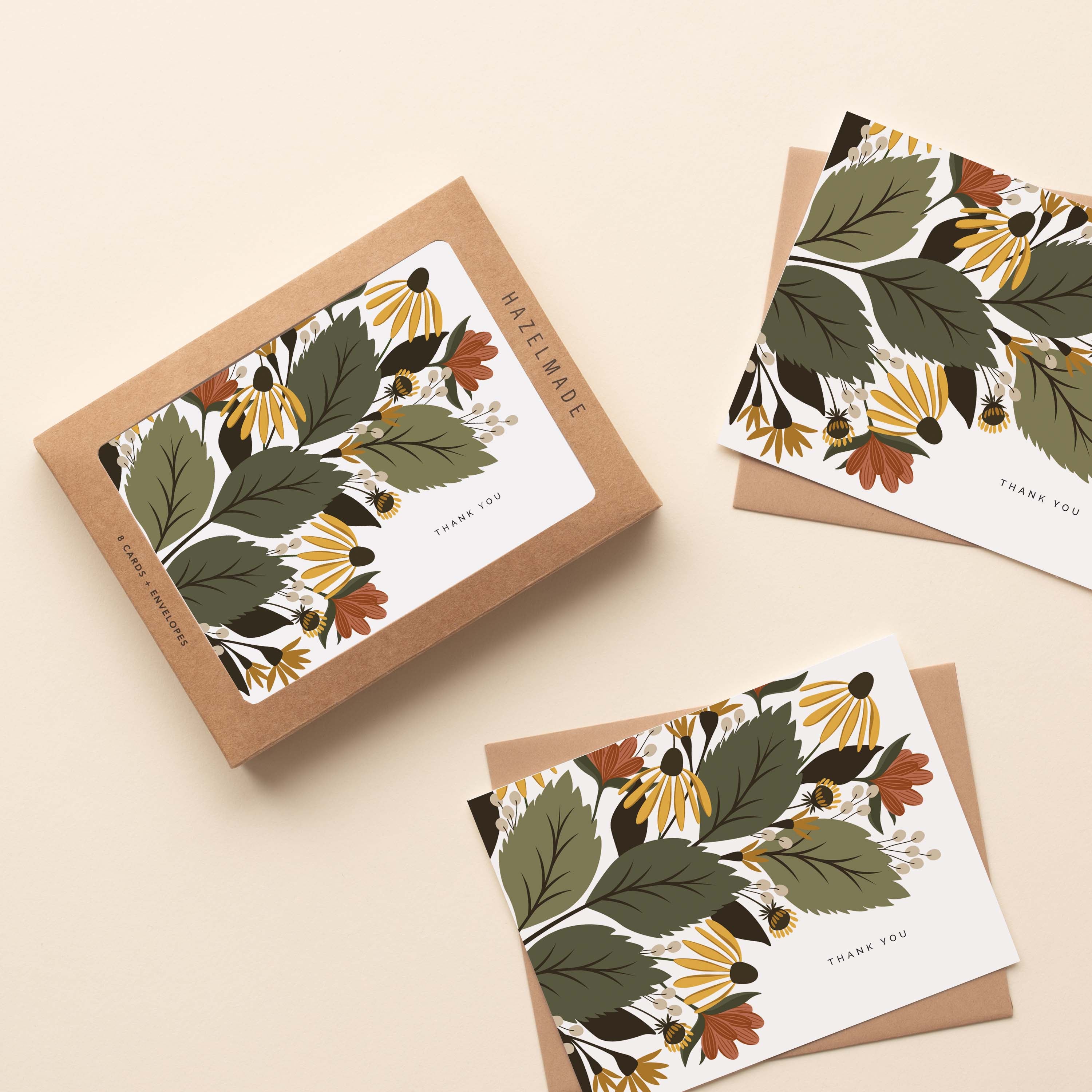 Boxed set of Fall Florals Thank You Greeting Cards with two cards and envelopes featuring a hand-illustrated autumn floral design