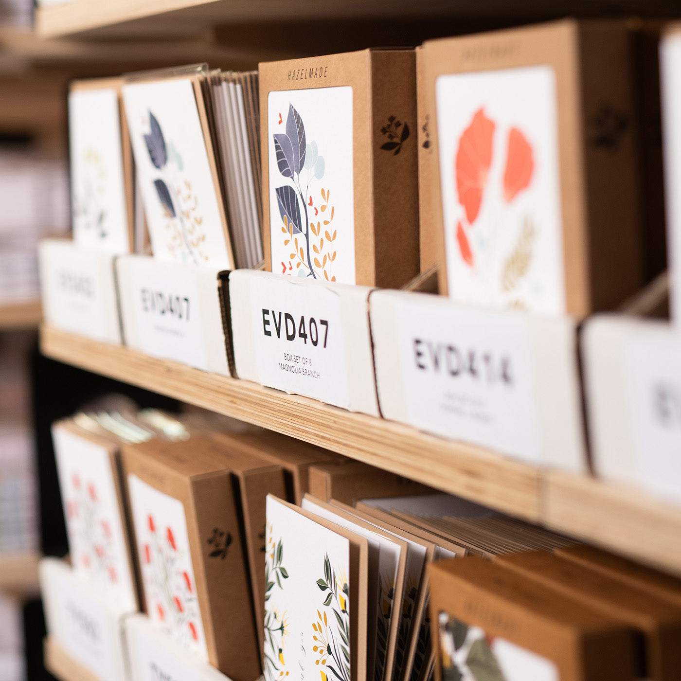 Hazelmade greeting cards displayed on retail shelves