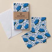Blue Gentian Mini Note Cards set with white envelope and wrap band shown on a neutral background