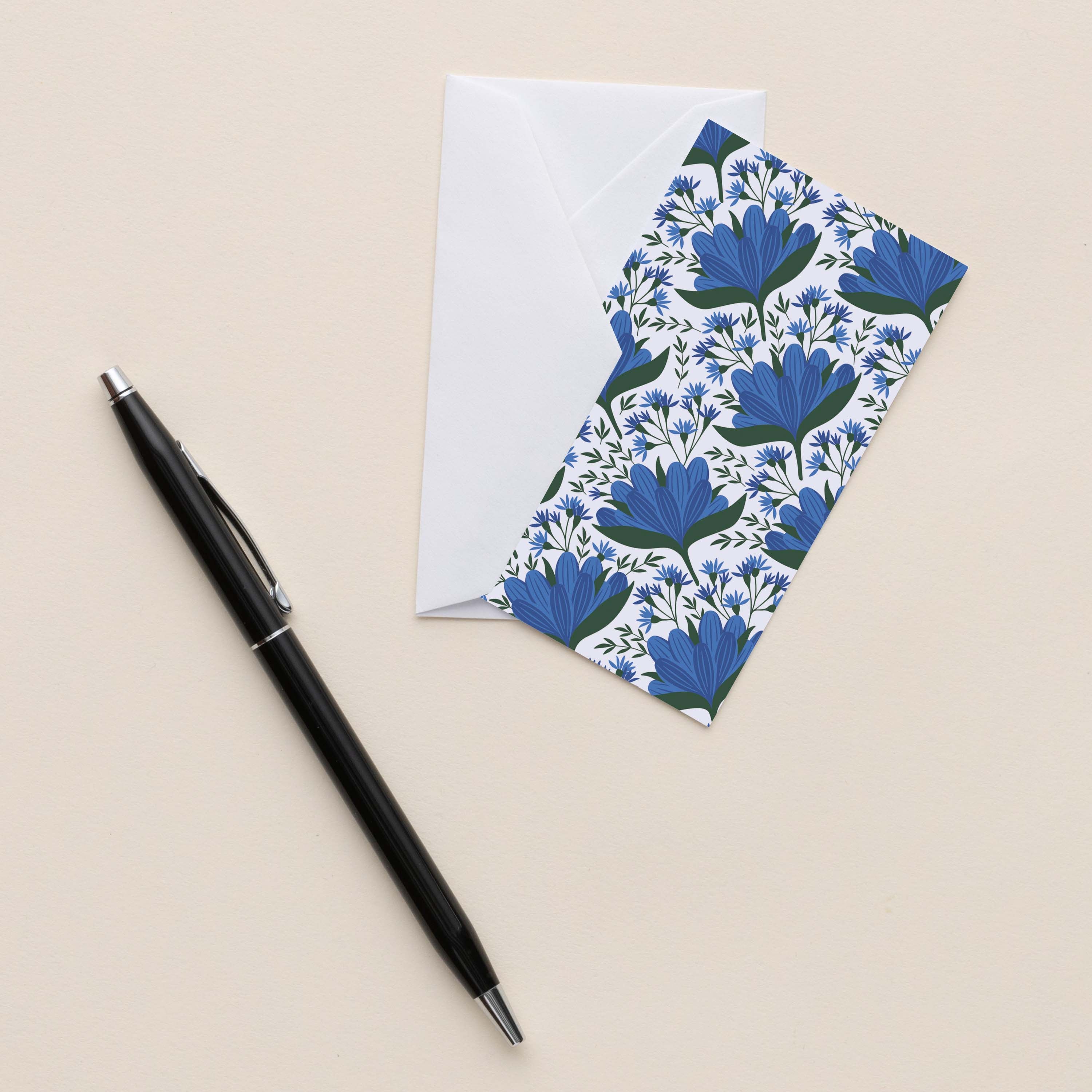 Blue Gentian Mini Note Card with white envelope beside a black pen on a neutral background