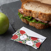 Harvest Apples Mini Note Card styled beside a sandwich and green apple on a dark surface