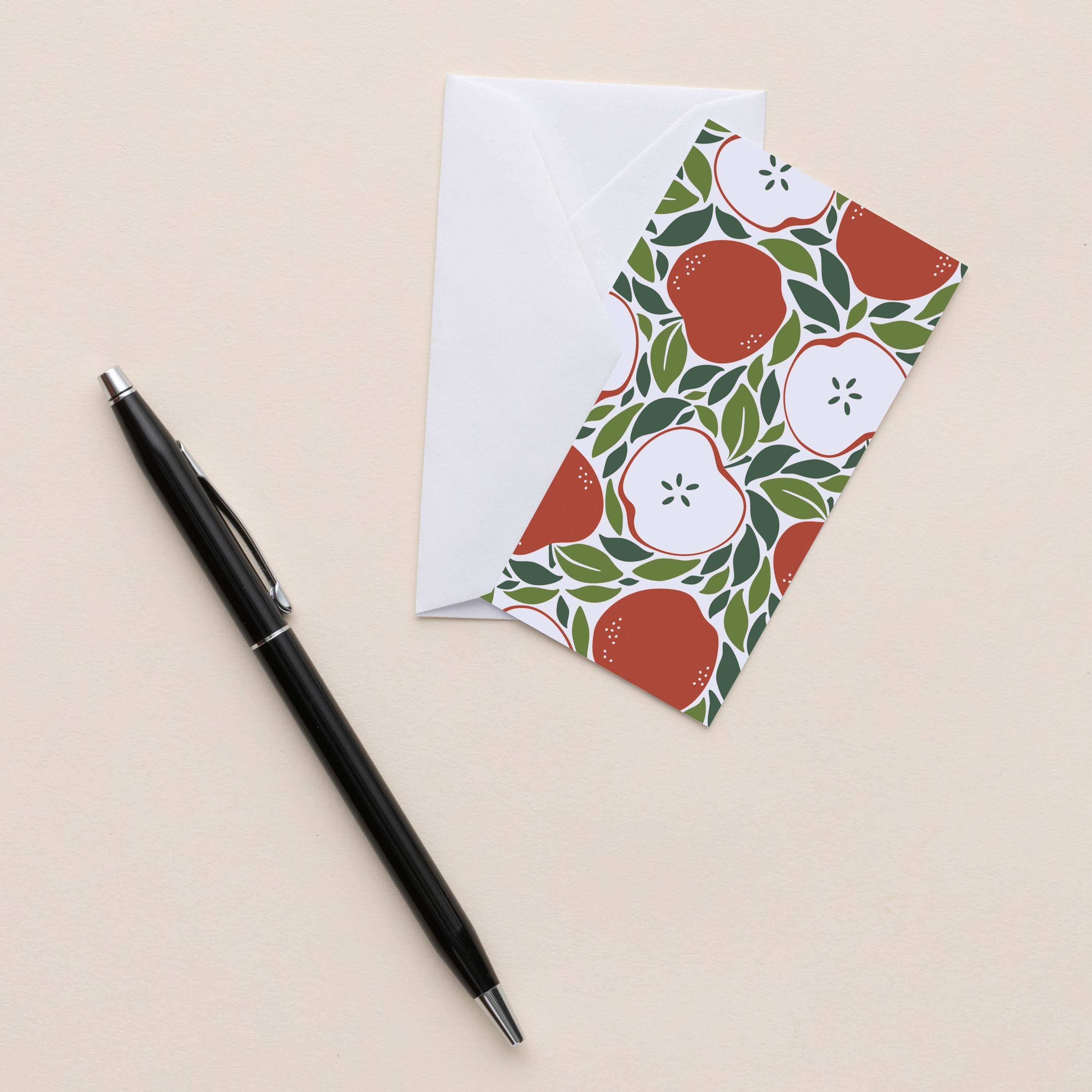 Harvest Apples Mini Note Card with white envelope beside a black pen on a neutral background