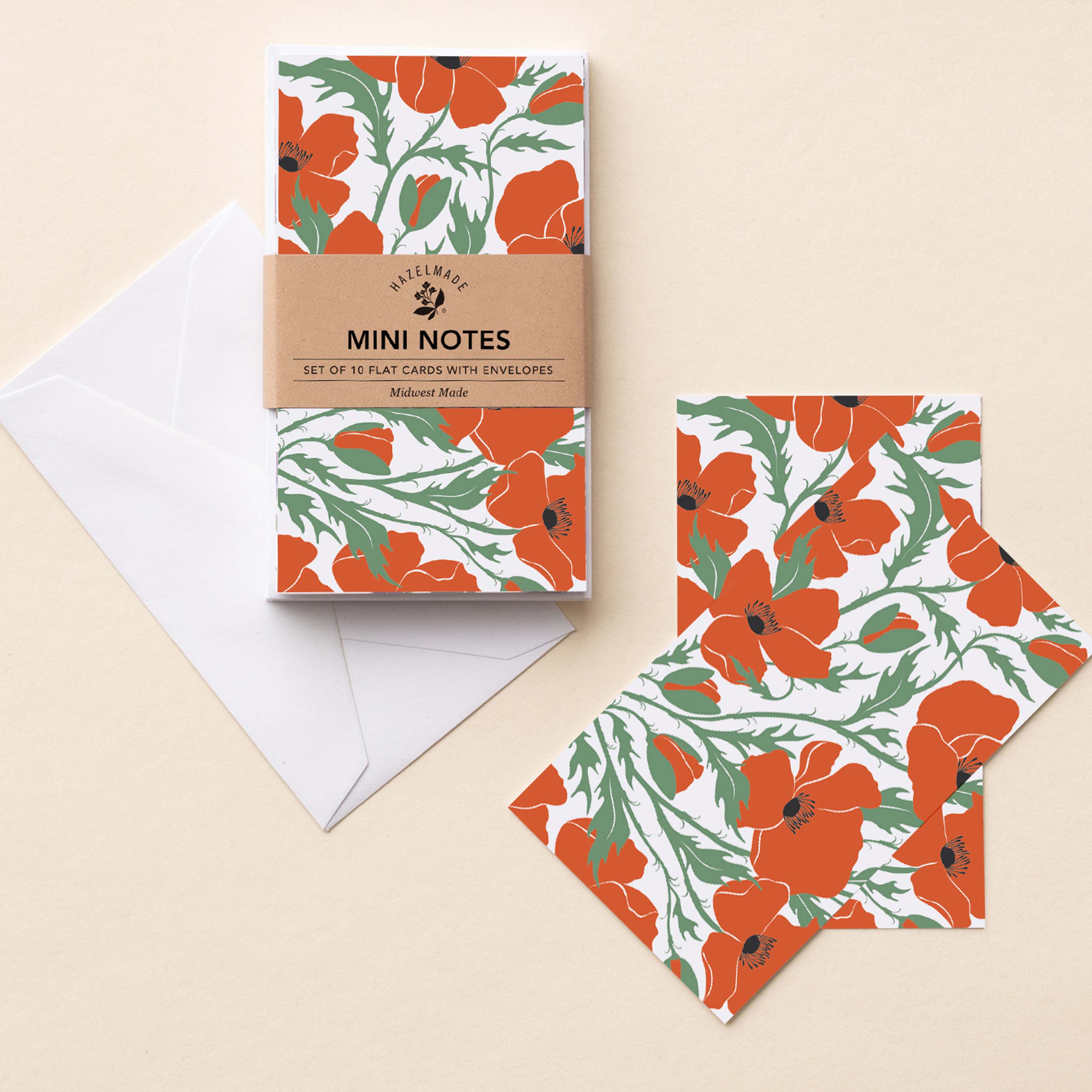 Poppies Mini Note Cards set with white envelope and wrap band shown on a neutral background