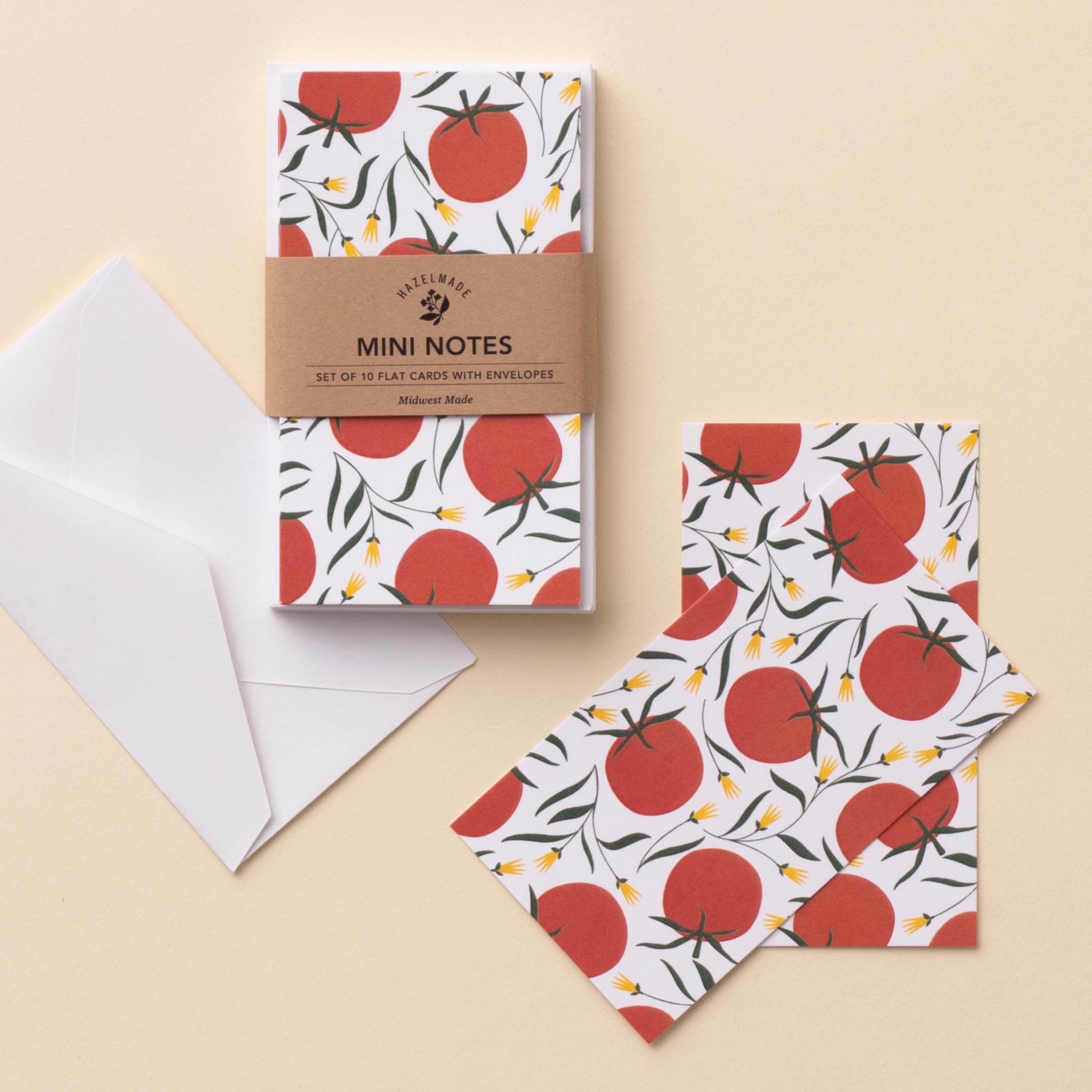 Tomatoes Mini Note Cards set with white envelope and wrap band shown on a neutral background