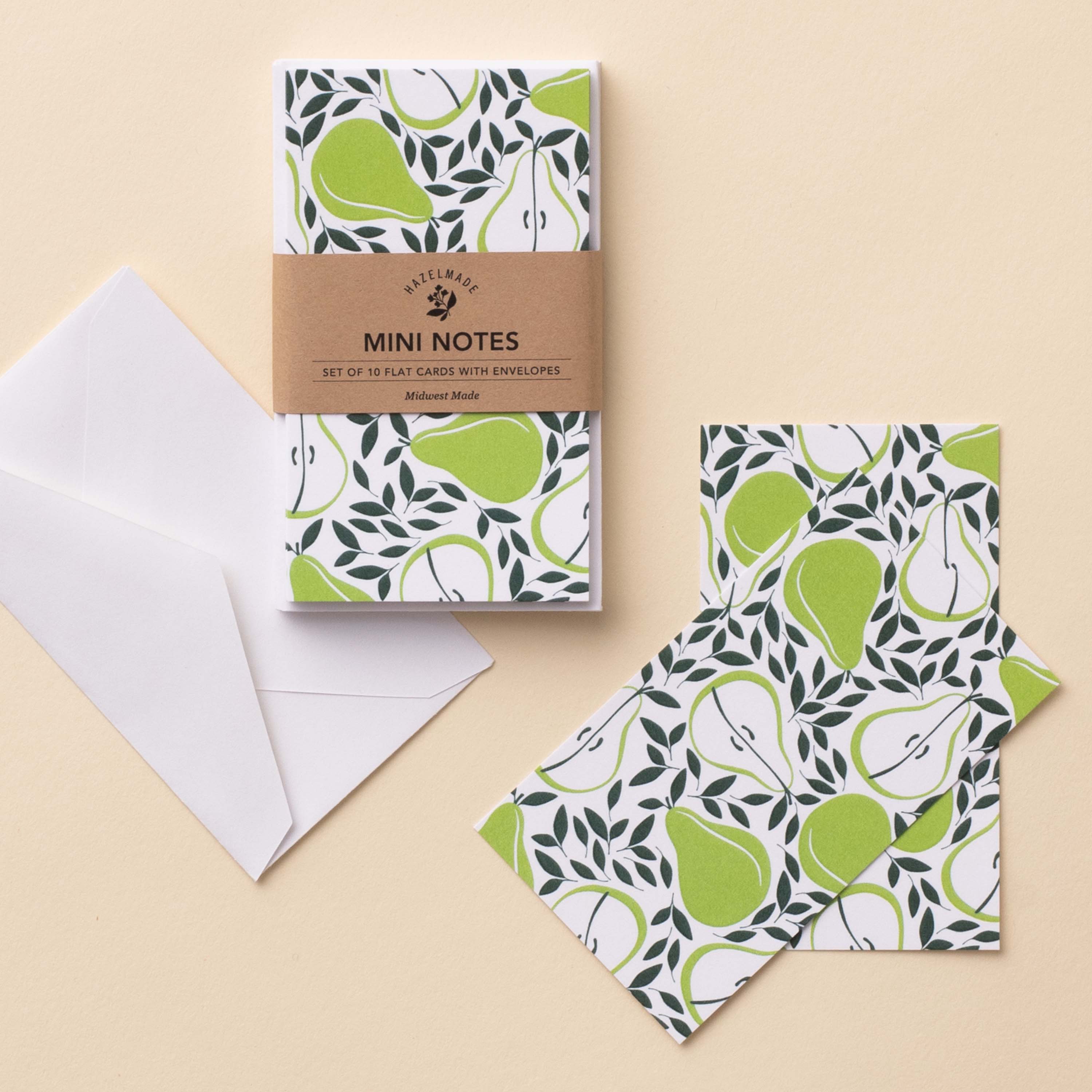 Pears Mini Note Cards set with white envelope and wrap band  shown on a neutral background