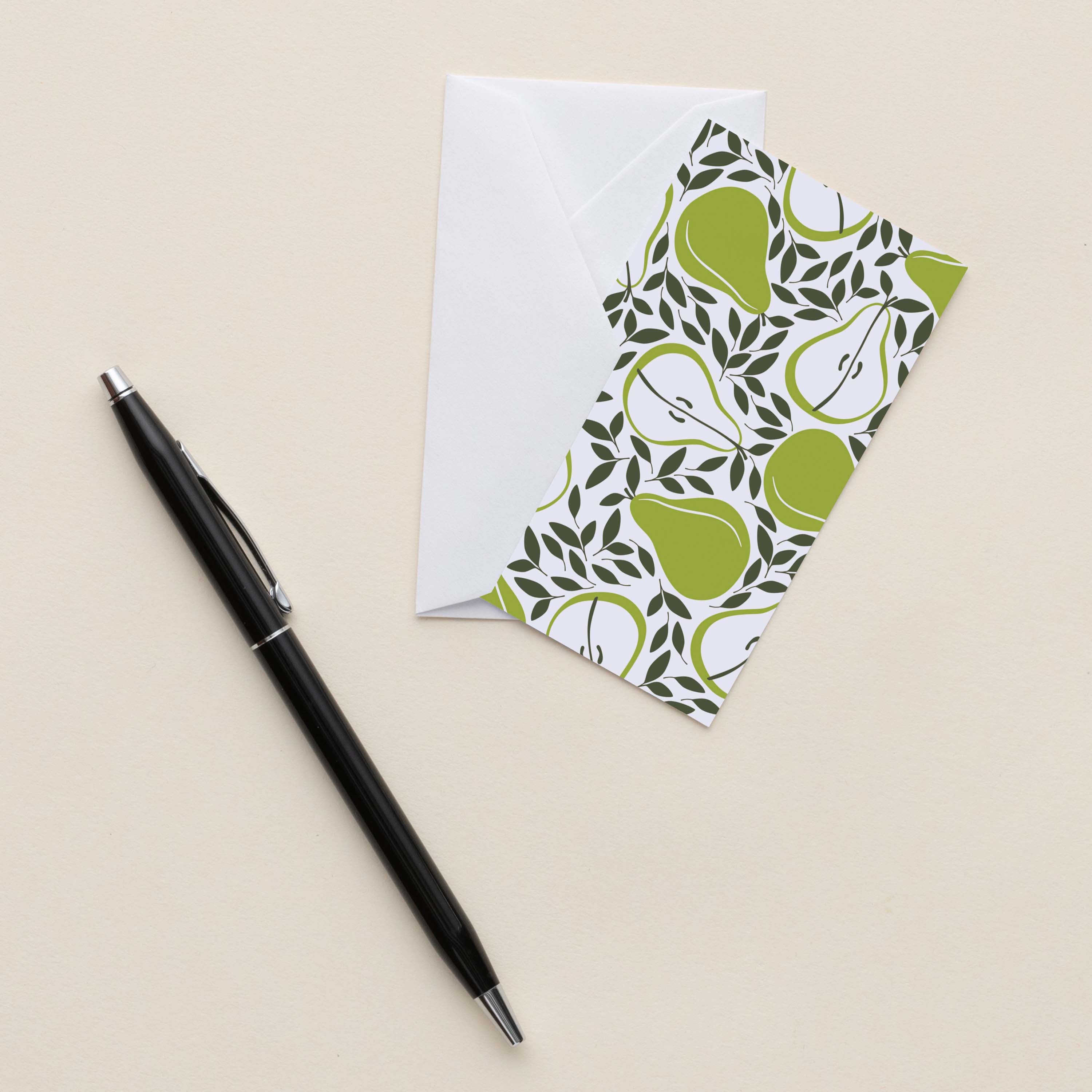 Pears Mini Note Card with white envelope beside a black pen on a neutral background