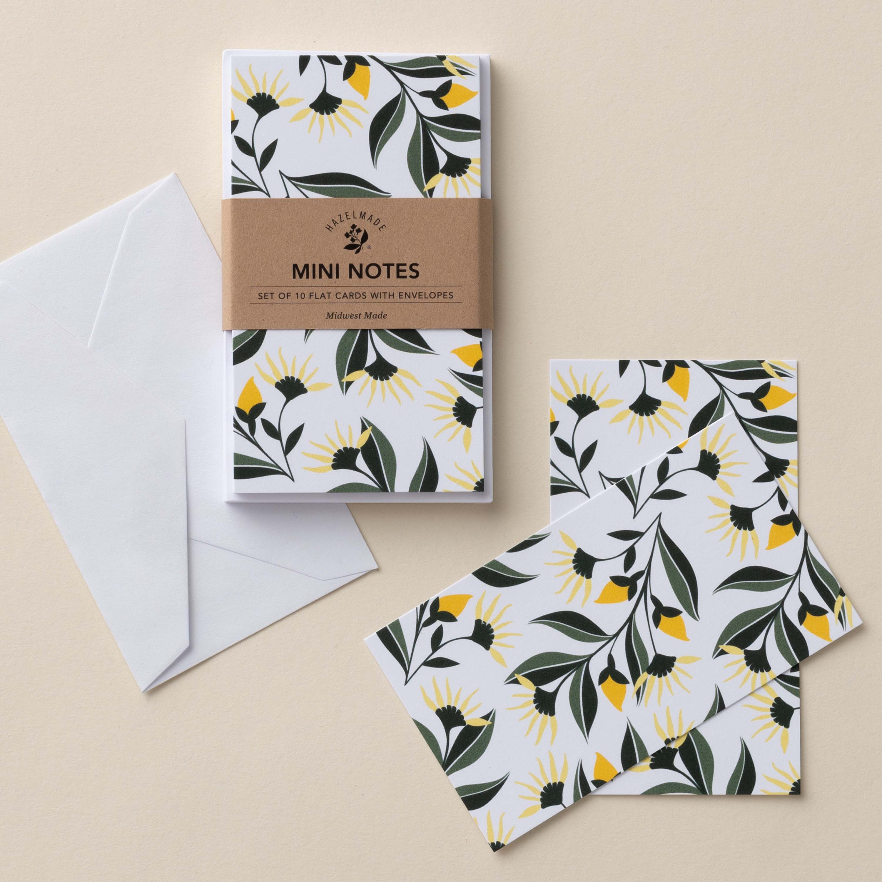 Aster Flowers Mini Note Cards set with white envelope and wrap band shown on a neutral background