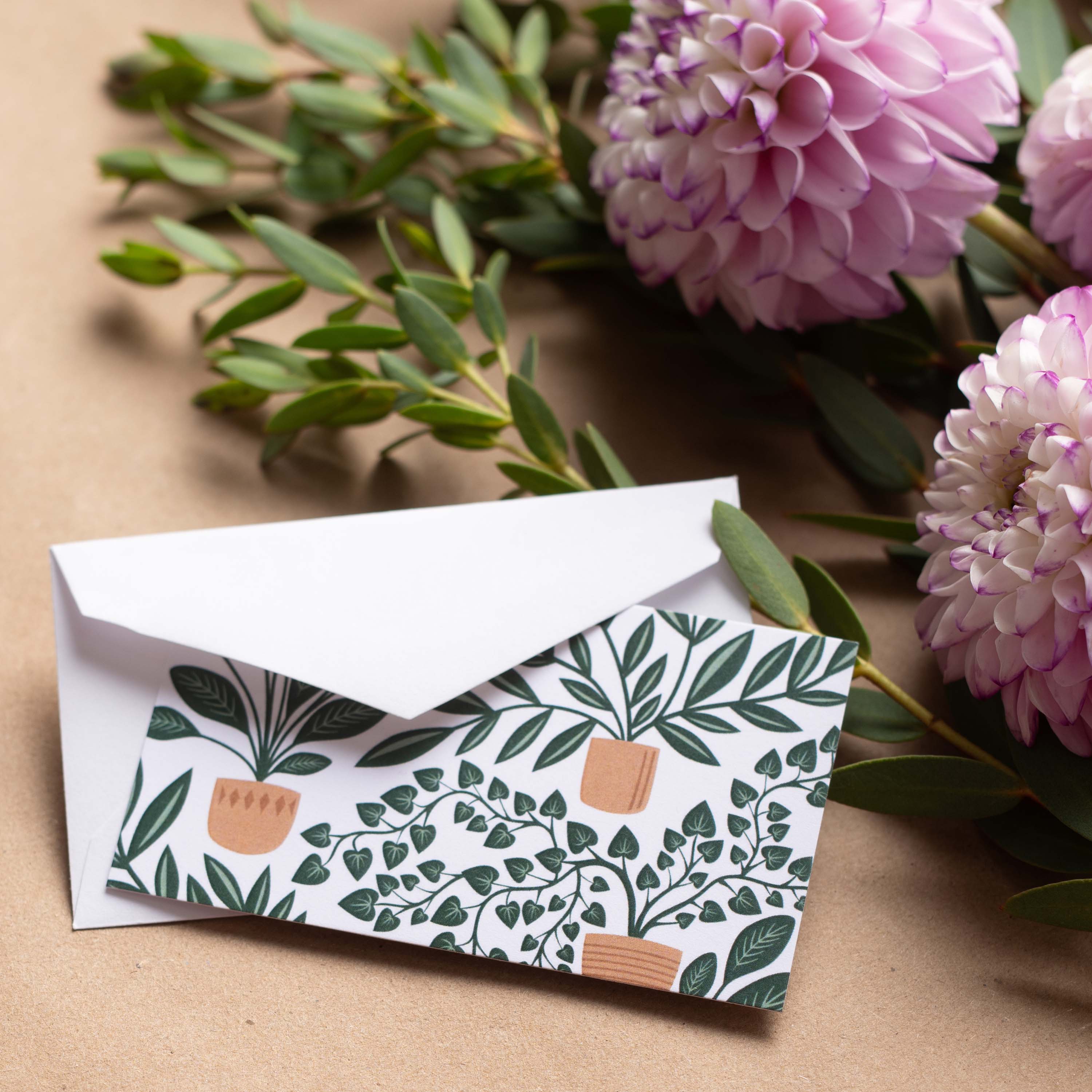 House Plants Mini Note Card styled with a white envelope and pink flowers on kraft paper