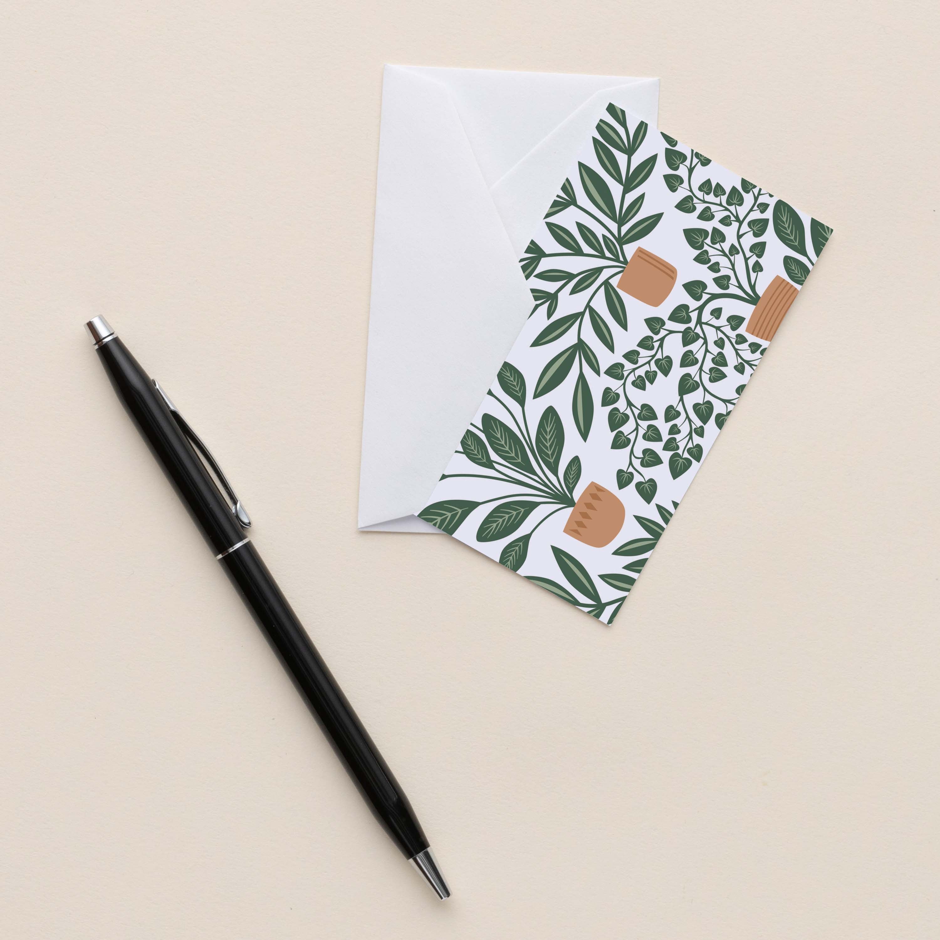 House Plants Mini Note Card with white envelope beside a black pen on a neutral background