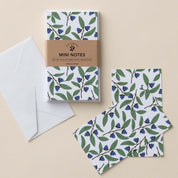 Blueberry Bushel Mini Note Cards set with white envelope and wrap band shown on a neutral background