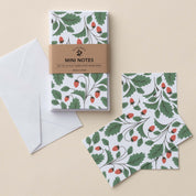 Wild Strawberries Mini Note Cards set with white envelope and wrap band shown on a neutral background