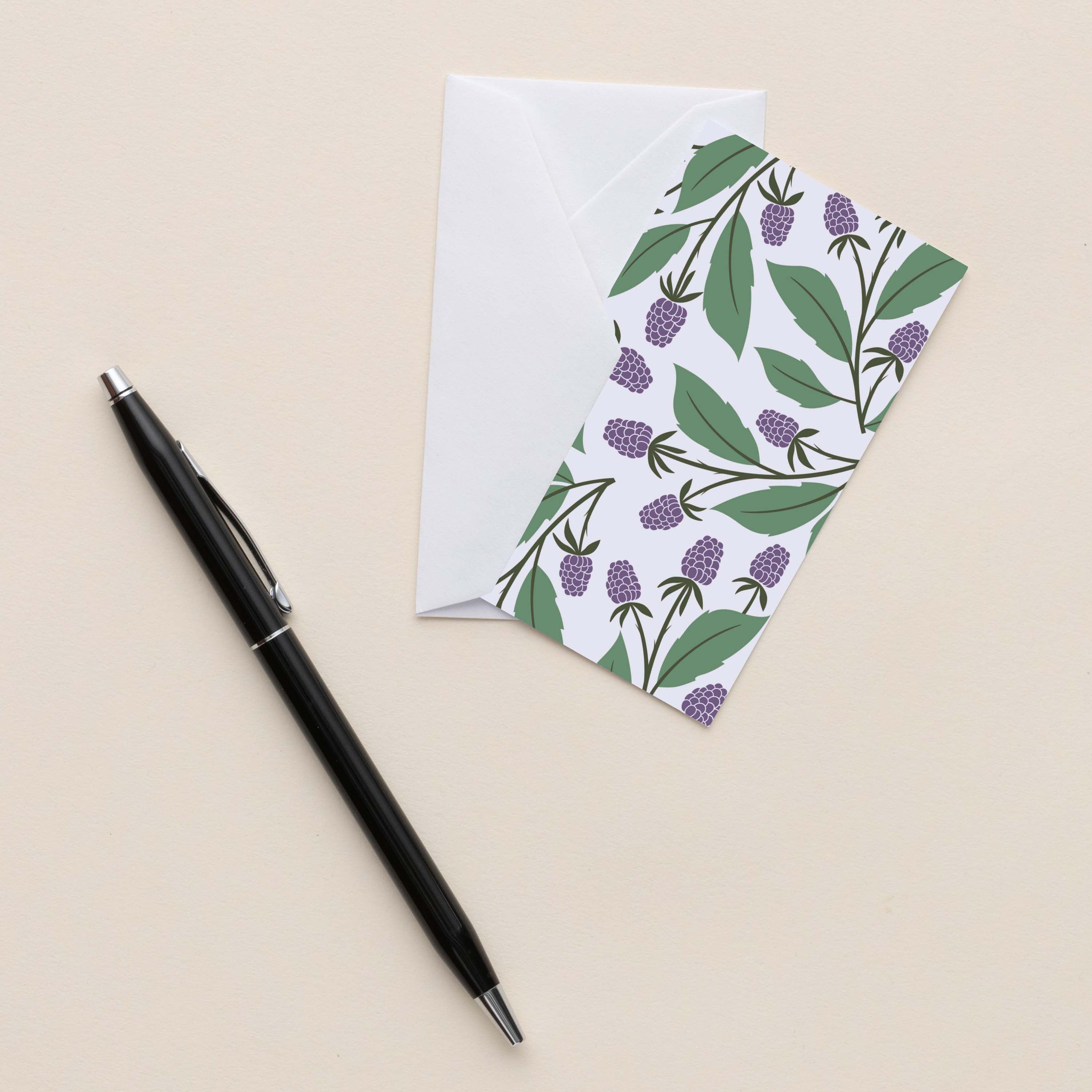 Blackberry Vines Mini Note Card with white envelope beside a black pen on a neutral background