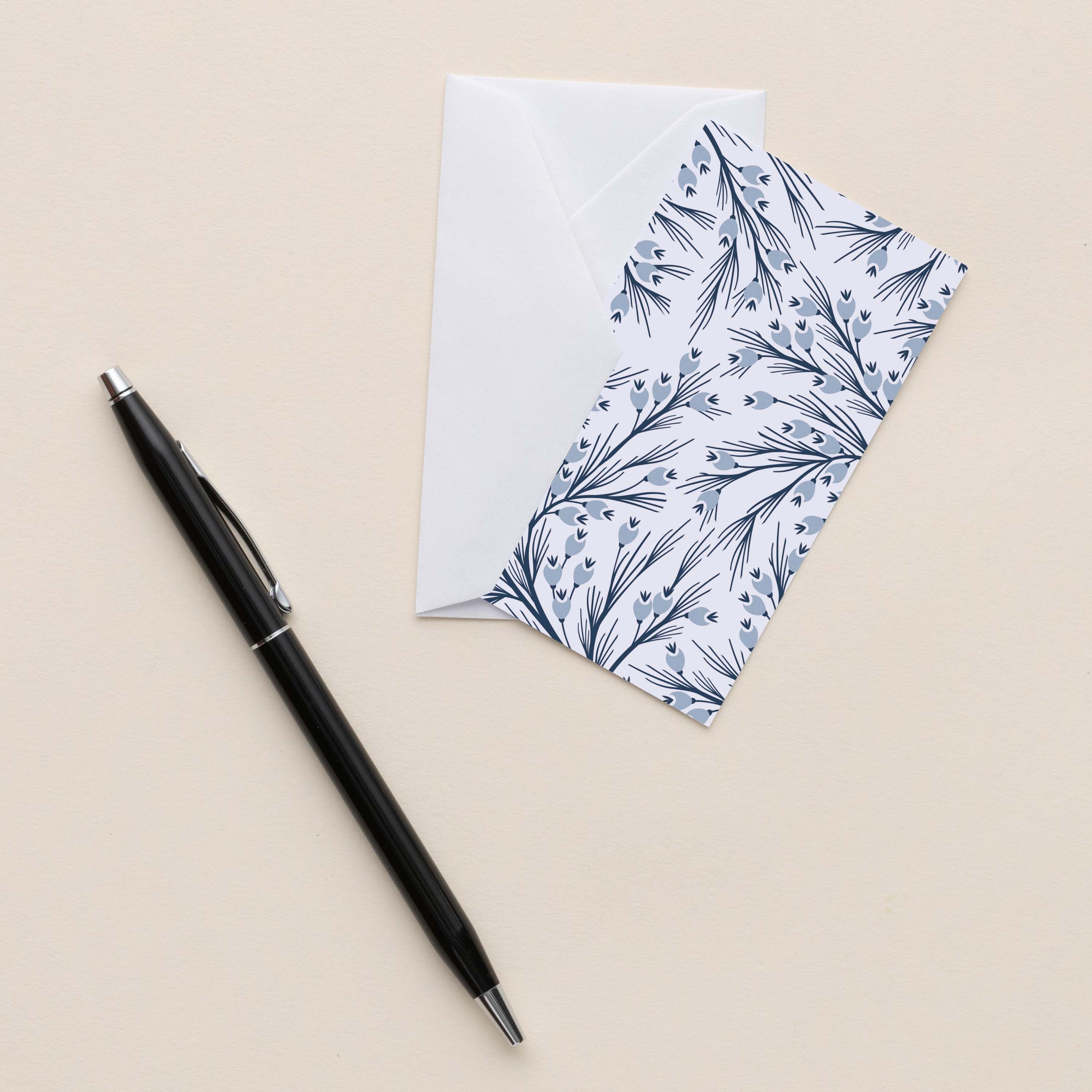 Winter Branch Mini Note Card with white envelope beside a black pen on a neutral background