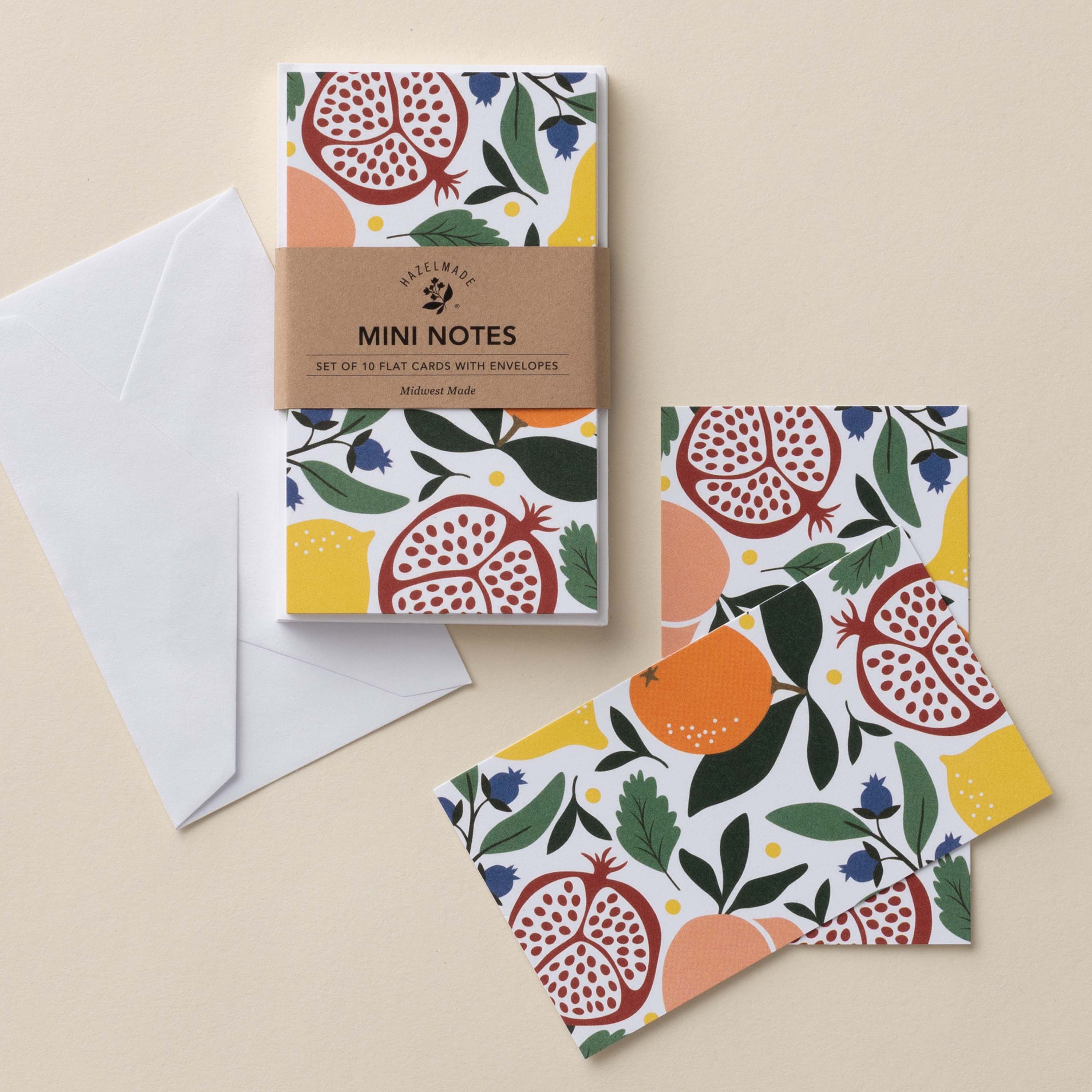 Fruit Basket Mini Note Cards set with white envelope and wrap band shown on a neutral background