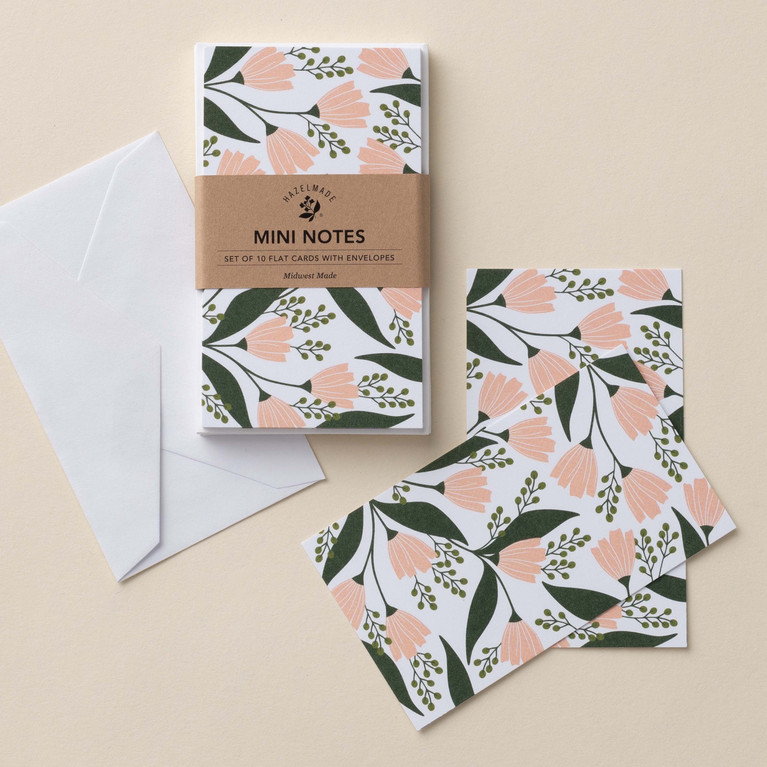 Tea Tin Bouquet Mini Note Cards set with white envelope and wrap band shown on a neutral background