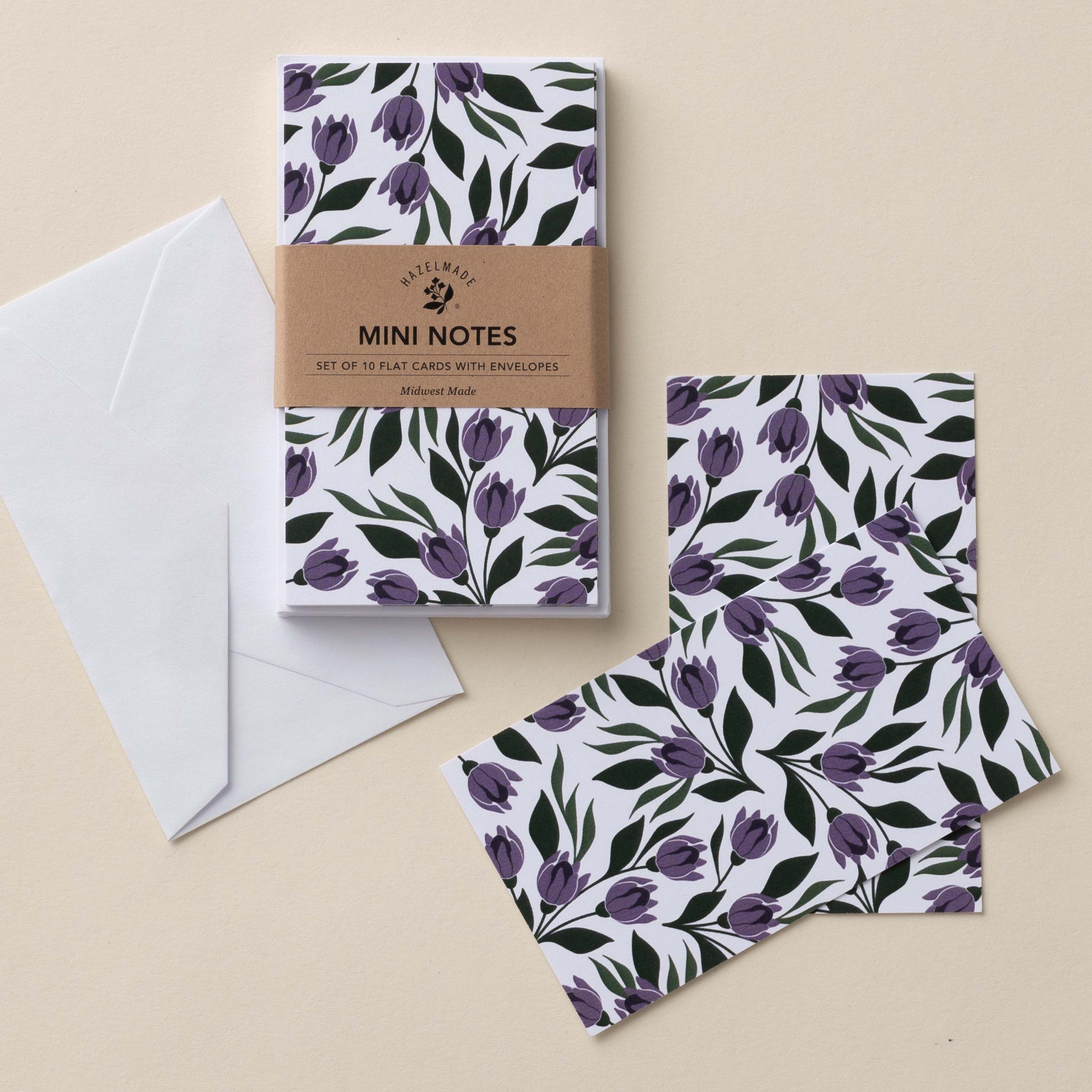 Tulips Mini Note Cards set with white envelope and wrap band shown on a neutral background