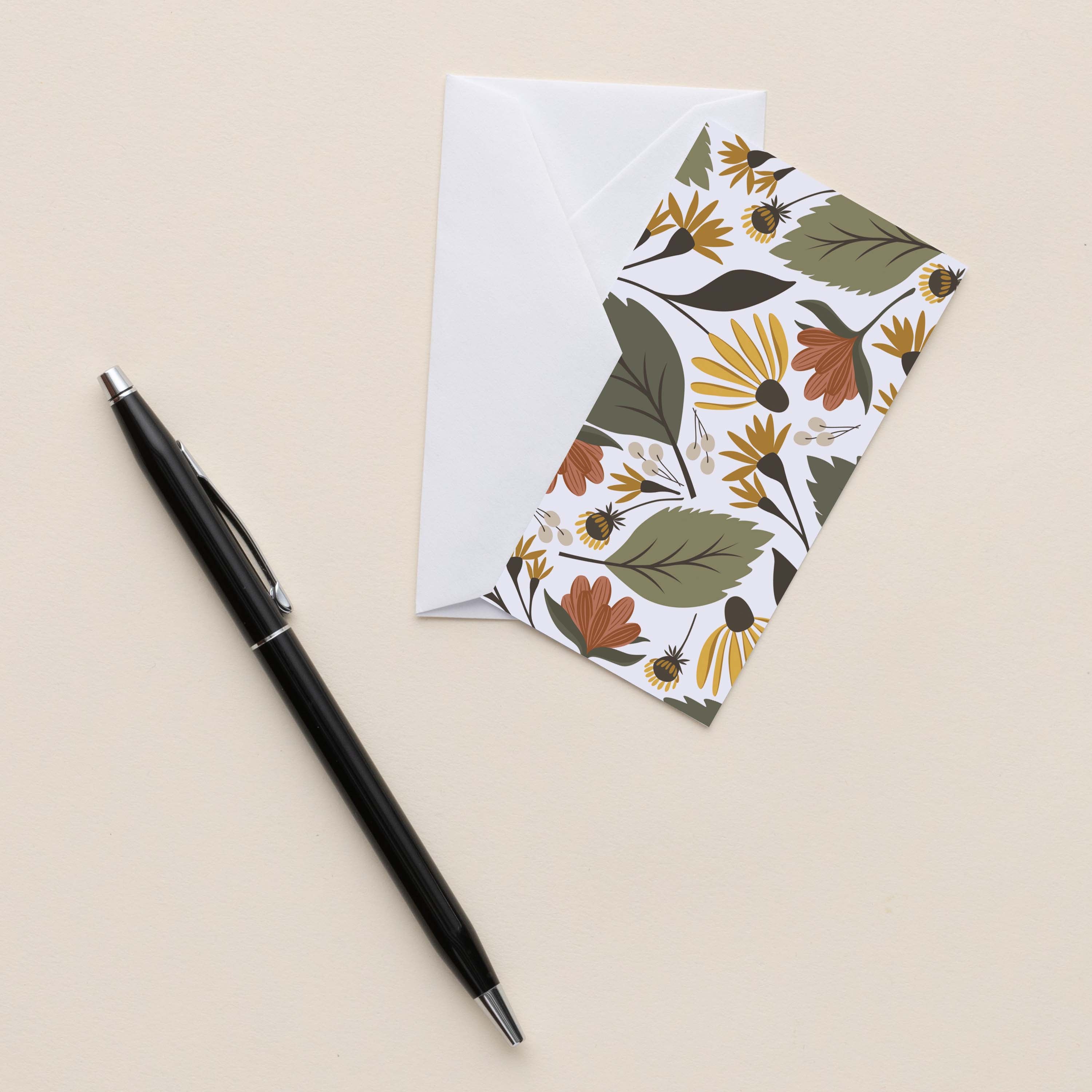 Fall Florals Mini Note Card with white envelope beside a black pen on a neutral background