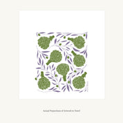 Flat view of the Artichokes + Olives Tea Towel showing the full hand-illustrated artichoke and olive design and overall design proportions